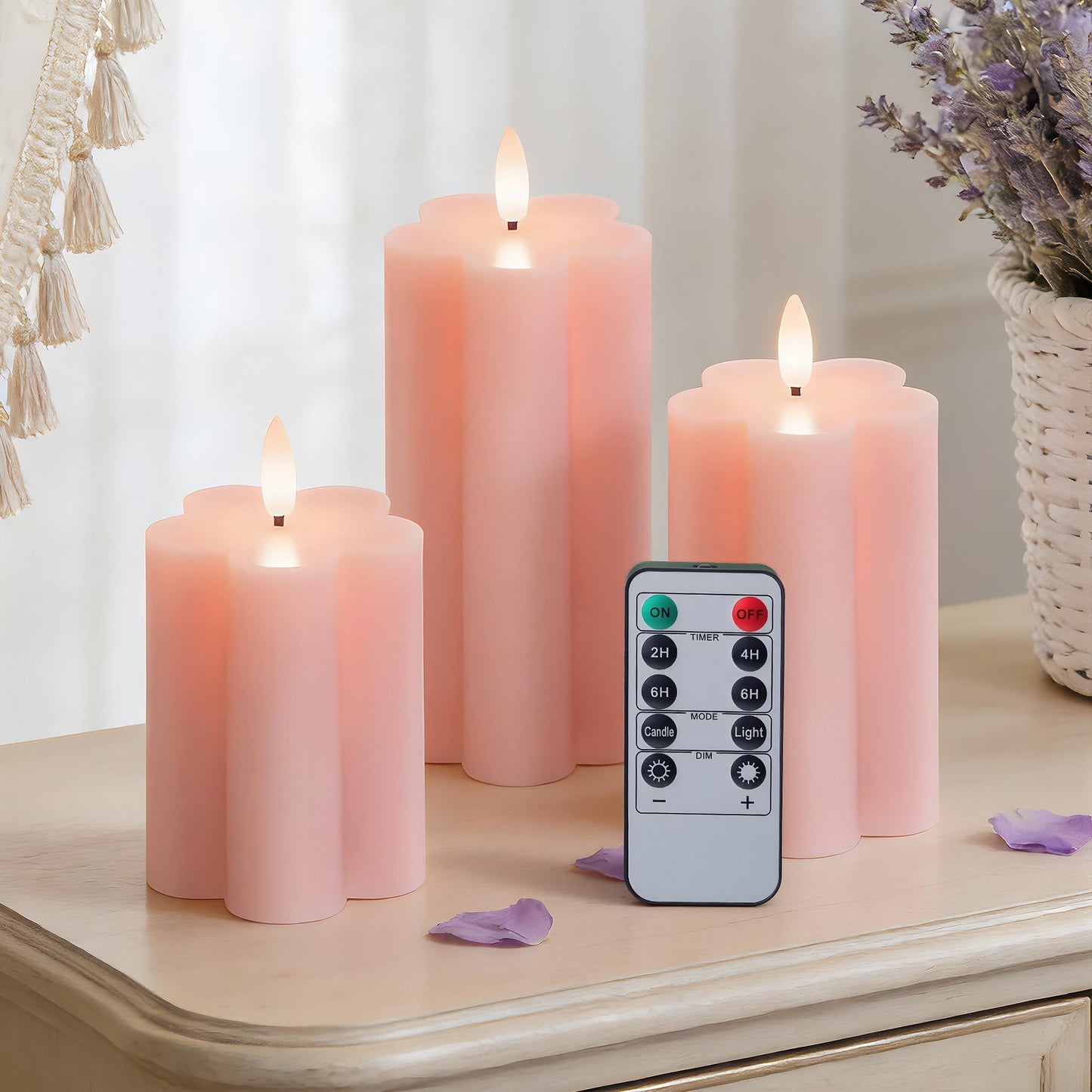 Velsyn Pink Flower Flameless Candles with Remote and Timer Real Wax Made LED Pillar Candles Battery Operated with 3D Flickering Flame Indoor Use Spring Decor, 3" x 4",5",6", Set of 3