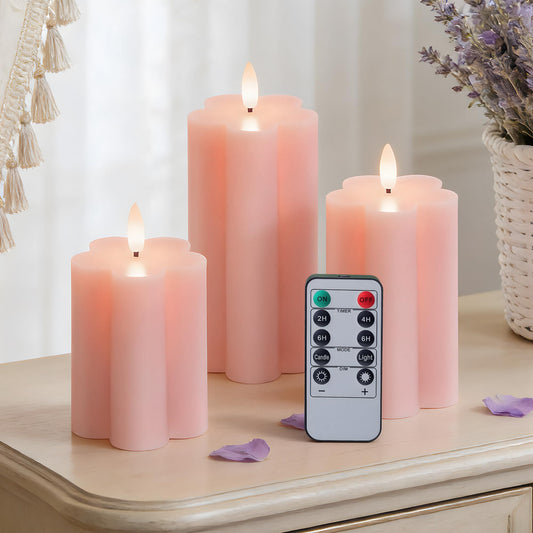 Velsyn Pink Flower Flameless Candles with Remote and Timer Real Wax Made LED Pillar Candles Battery Operated with 3D Flickering Flame Indoor Use Spring Decor, 3" x 4",5",6", Set of 3
