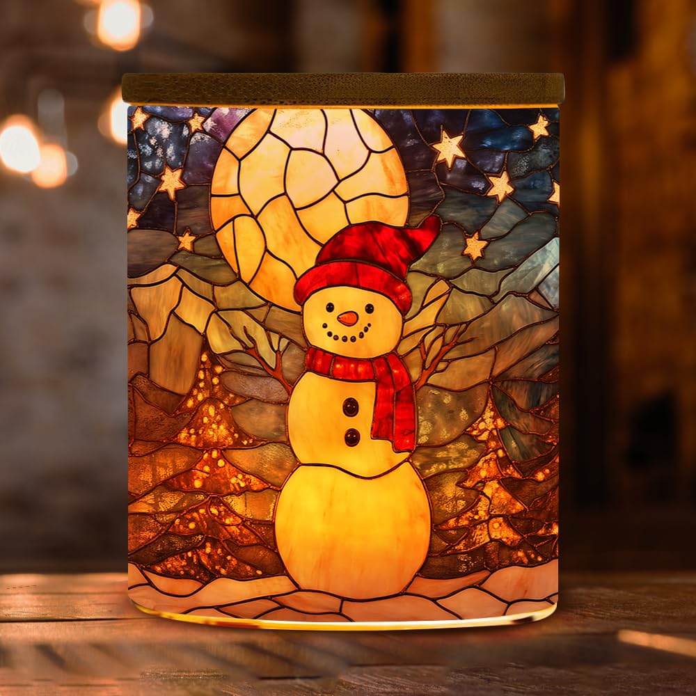 Winter Snowman Stained Glass Tealight Candle Holder, Christmas Tree Decorations Candle Jar Tea Light Holder, Tealight Holders Candlesticks Gift for Halloween Christmas Thanksgiving, 3.5x2.8in