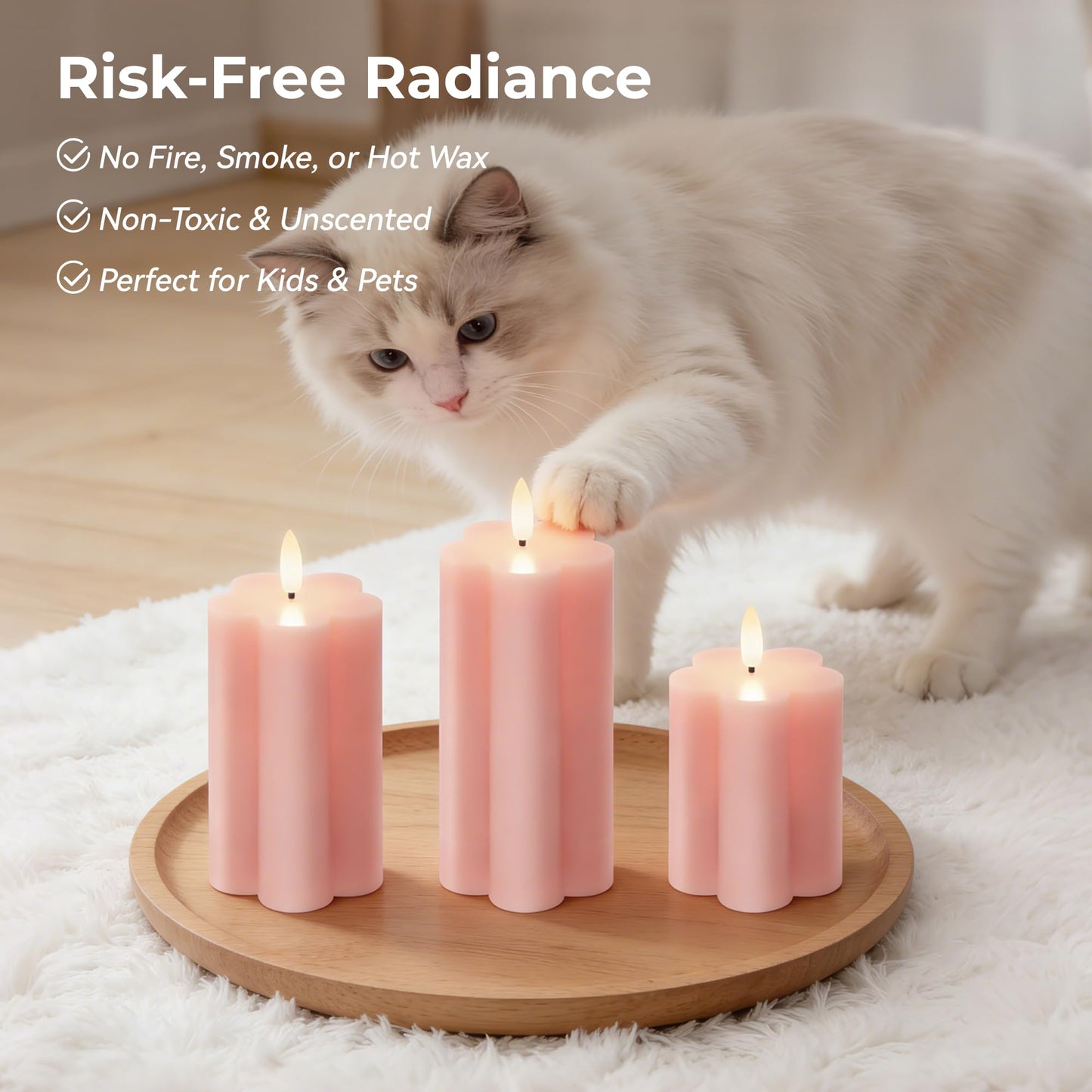 Velsyn Pink Flower Flameless Candles with Remote and Timer Real Wax Made LED Pillar Candles Battery Operated with 3D Flickering Flame Indoor Use Spring Decor, 3" x 4",5",6", Set of 3
