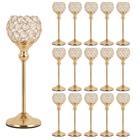 VINCIGANT Gold Crystal Candle Holders Set of 16 for Wedding Centerpieces,Votive Crystal Candle Holders for Home Fireplace Coffee Table Mantle Decor candelabros de mesa