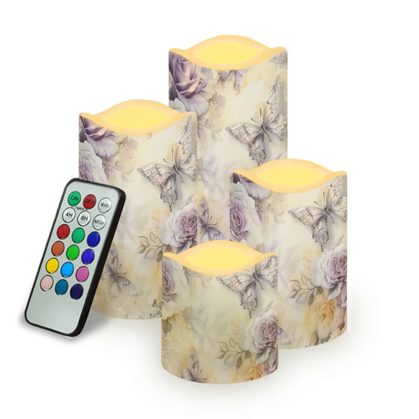 Cozeyat White Floral Flameless Candles 4 Pack Battery Operated LED Pillar Candles with Remote Control Timer Color Changing for Home Wedding Beach