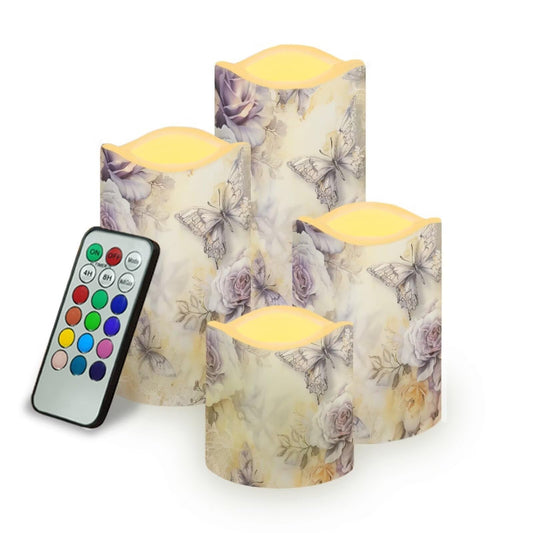 Cozeyat White Floral Flameless Candles 4 Pack Battery Operated LED Pillar Candles with Remote Control Timer Color Changing for Home Wedding Beach