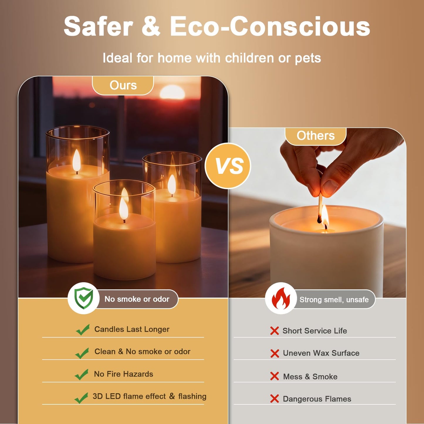 Eynshoo Gold Flameless LED Candles with Remote & Timer, 3-Piece Flickering Pillar Candle Set, Realistic Flame Effect, Adjustable Brightness, Battery Operated Candles for Home Decor, Wedding & Holiday