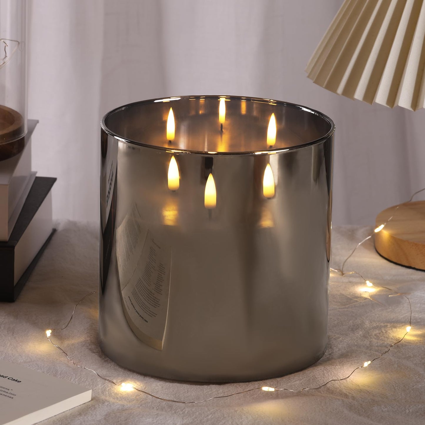 Girimax 3 Wick Grey Glass Flameless Candle with Remote, Large 6x6 inch LED Pillar Candle Battery Operated Flickering