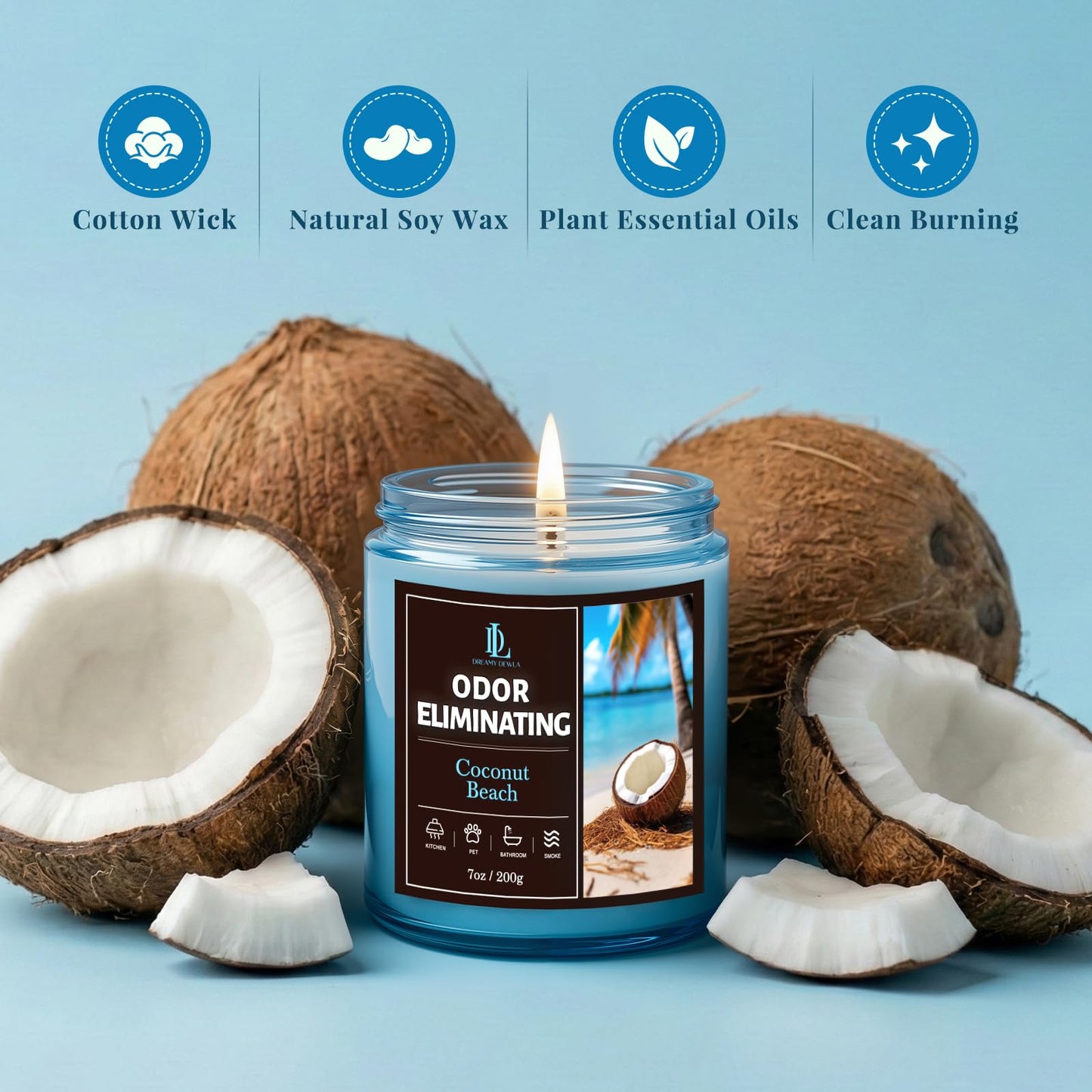 Coconut Beach Odor Eliminating Highly Fragranced Candle, Eliminates 95% of Living Room, Bedroom, Bathroom and Other Smells Quickly, Air Freshing Scented Candles, Soy Candle Gifts for Women Men, 7oz