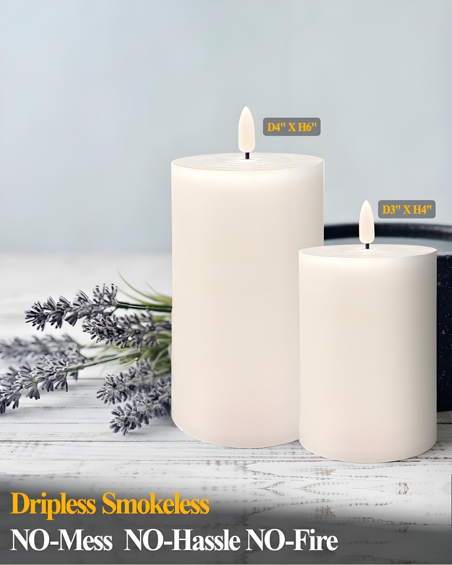Gmnee 3"x4" Flickering Flameless Candles with Remote Timer, 3" Diameter White Pillar, Real Wax, Set of 2 Large Battery Operated LED Candles for Table and Fireplace Decor (H 4")