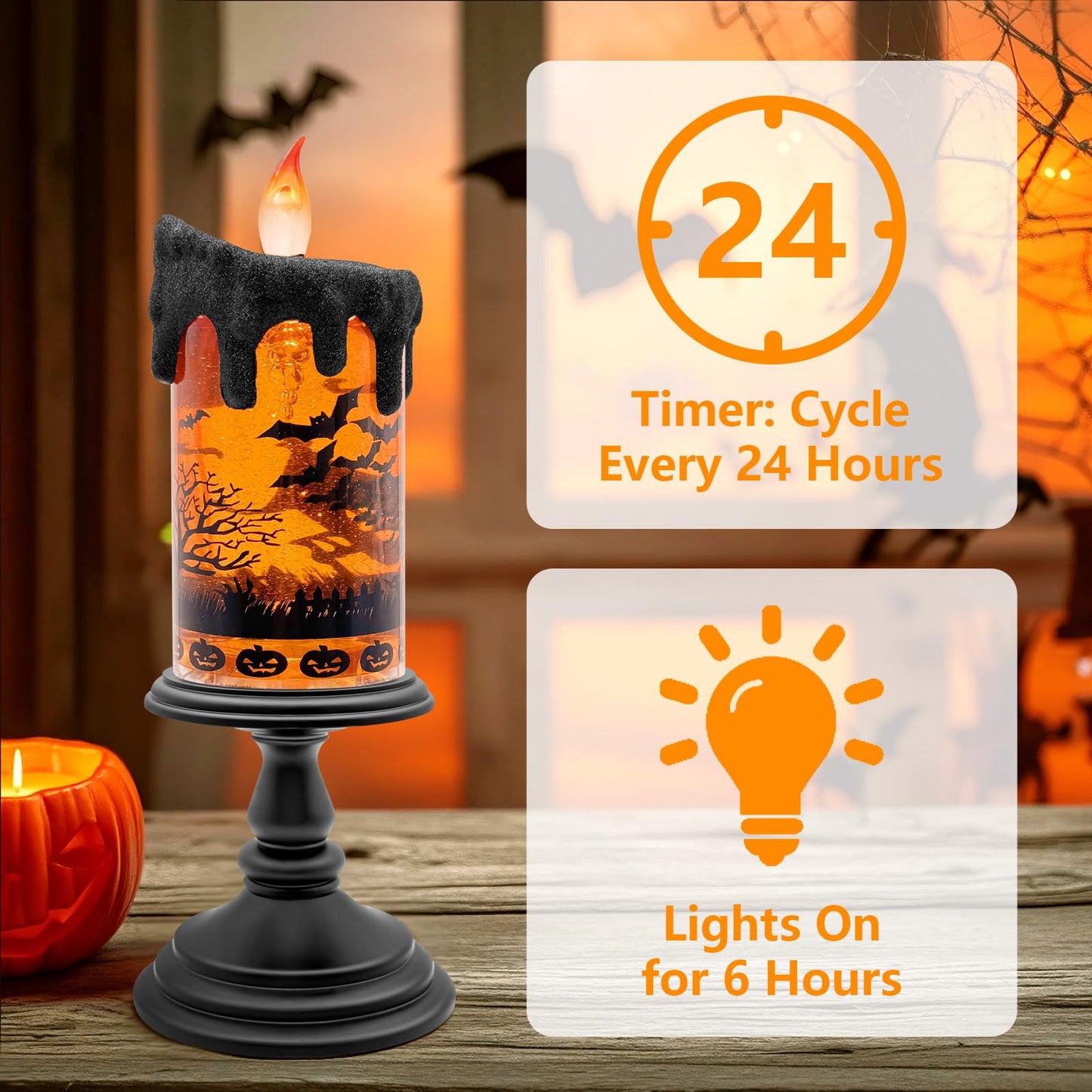 Halloween Snow Globe Flameless Candle – Lighted Halloween Glitter Lantern with Spinning Water and Timer, Pumpkin & Bat Scene Halloween Decor for Home, Party, Table Centerpiece