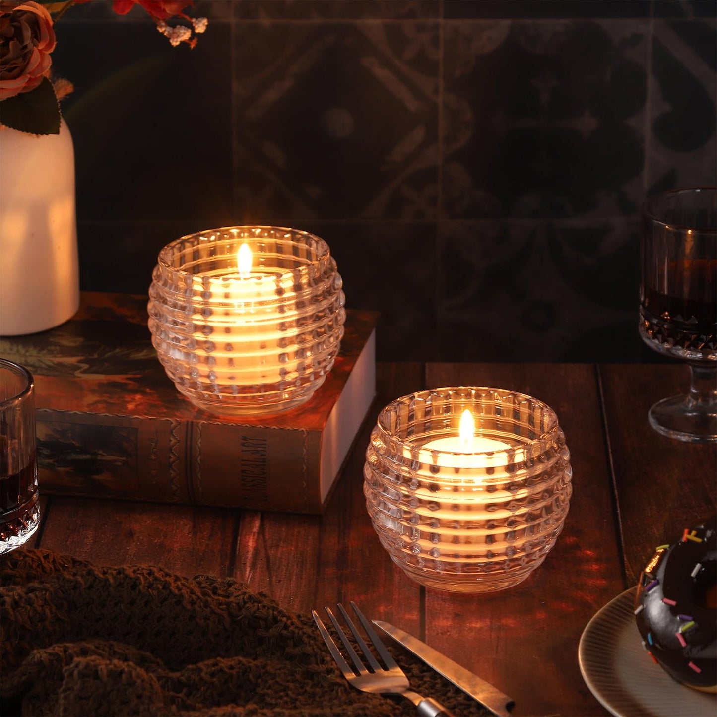 TkoYuHm 2 Pack Crystal Clear Glass Votive Candle Holders for Home Decor Round Bubble Tea Light Holder for Valentine’s Day Table Centerpiece Wedding
