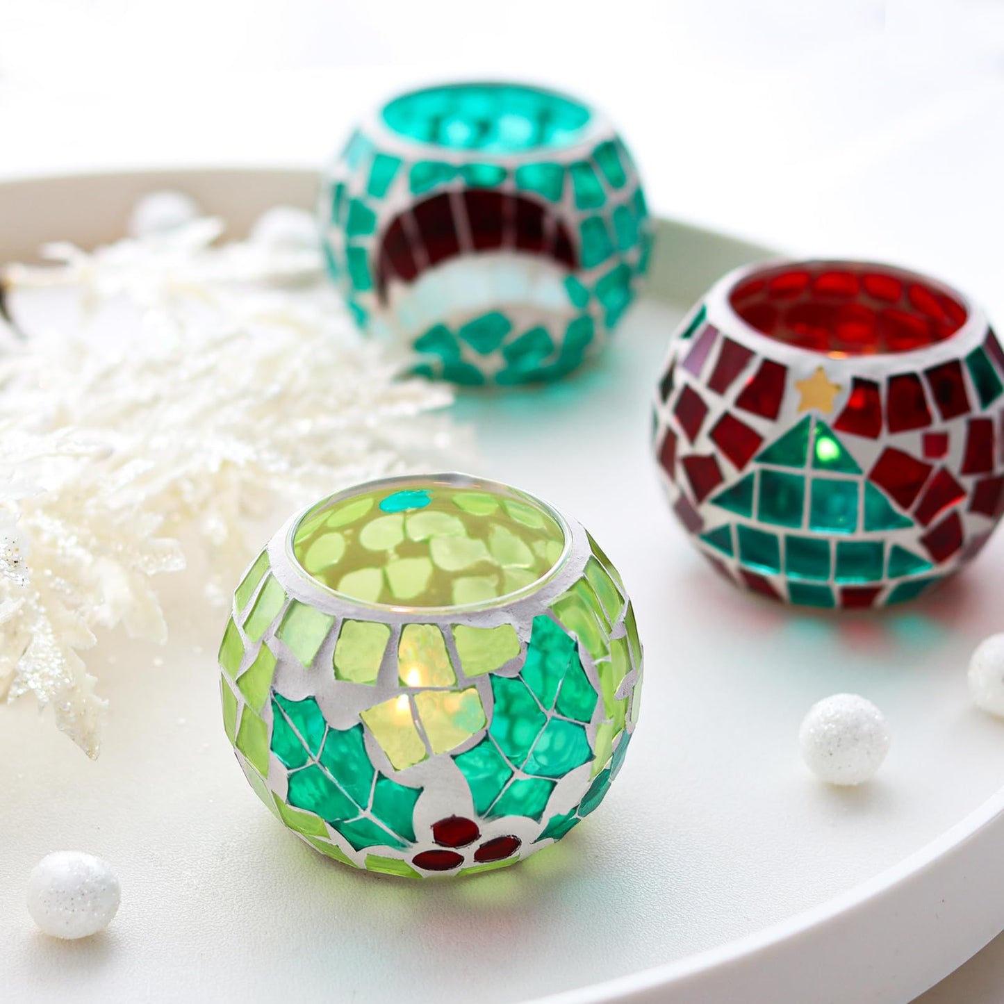 4 PCS Mosaic Glass Tealight Votive Candle Holders - Red & Green Christmas Table Centerpiece Decorations for Indoor/Outdoor Holiday Decor