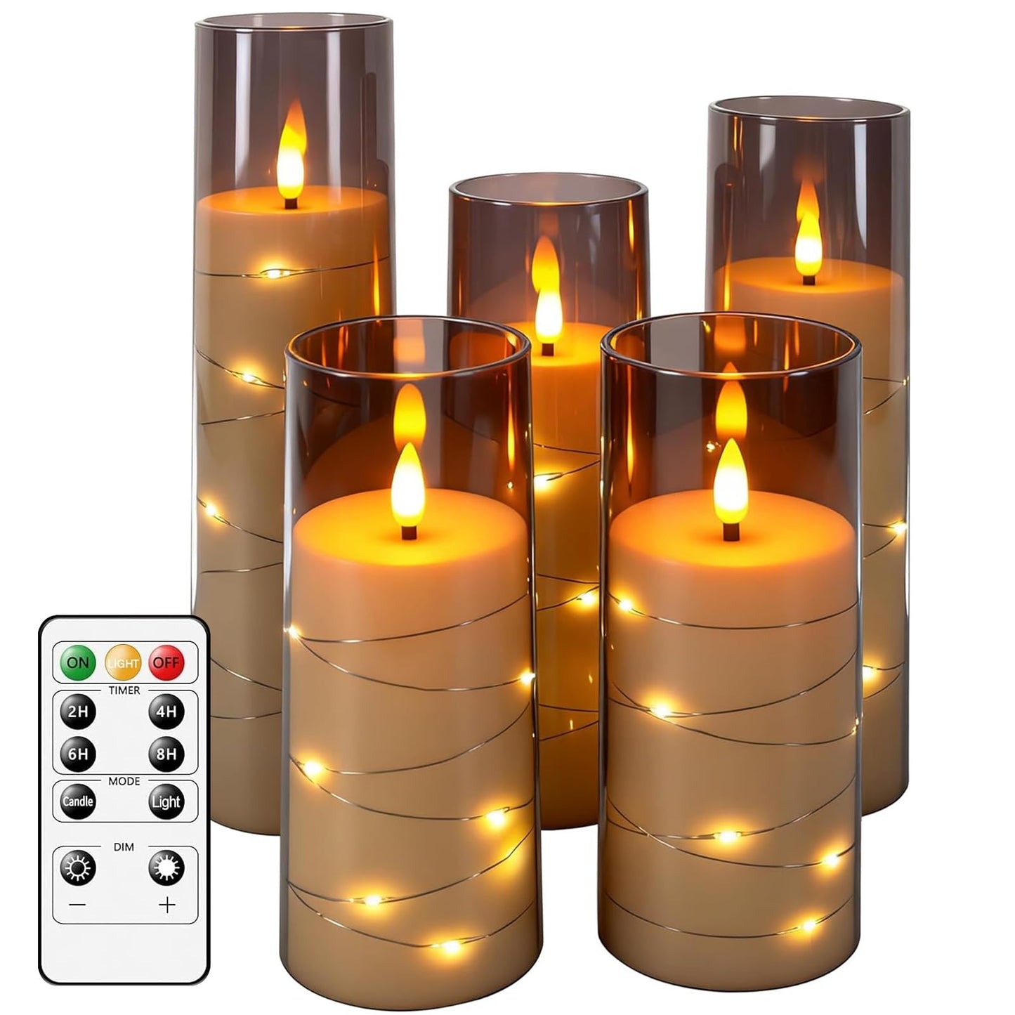 uuffoo 5 Pcs Flameless LED Candles with Timer Remote Flickering Flameless Candles with Embedded Star String, 3D Wick Acrylic Battery Operated LED Pillar Candles for Wedding Party Home Decor