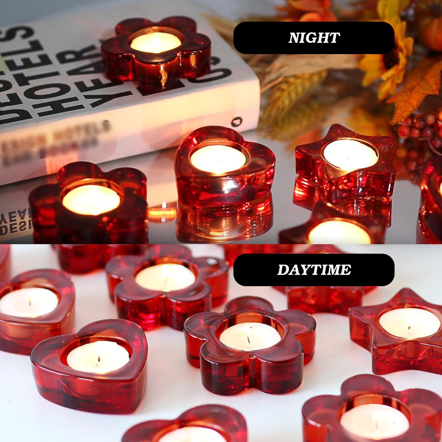 Red Votive Candle Holders Set of 12, (3 Sizes,Heart/Flower/Star) Glass Tealight Candle Holders Bulk for Wedding Table Centerpiece,Birthday Party,Valentines Day,Christmas Decorations,Home Decor(Red)