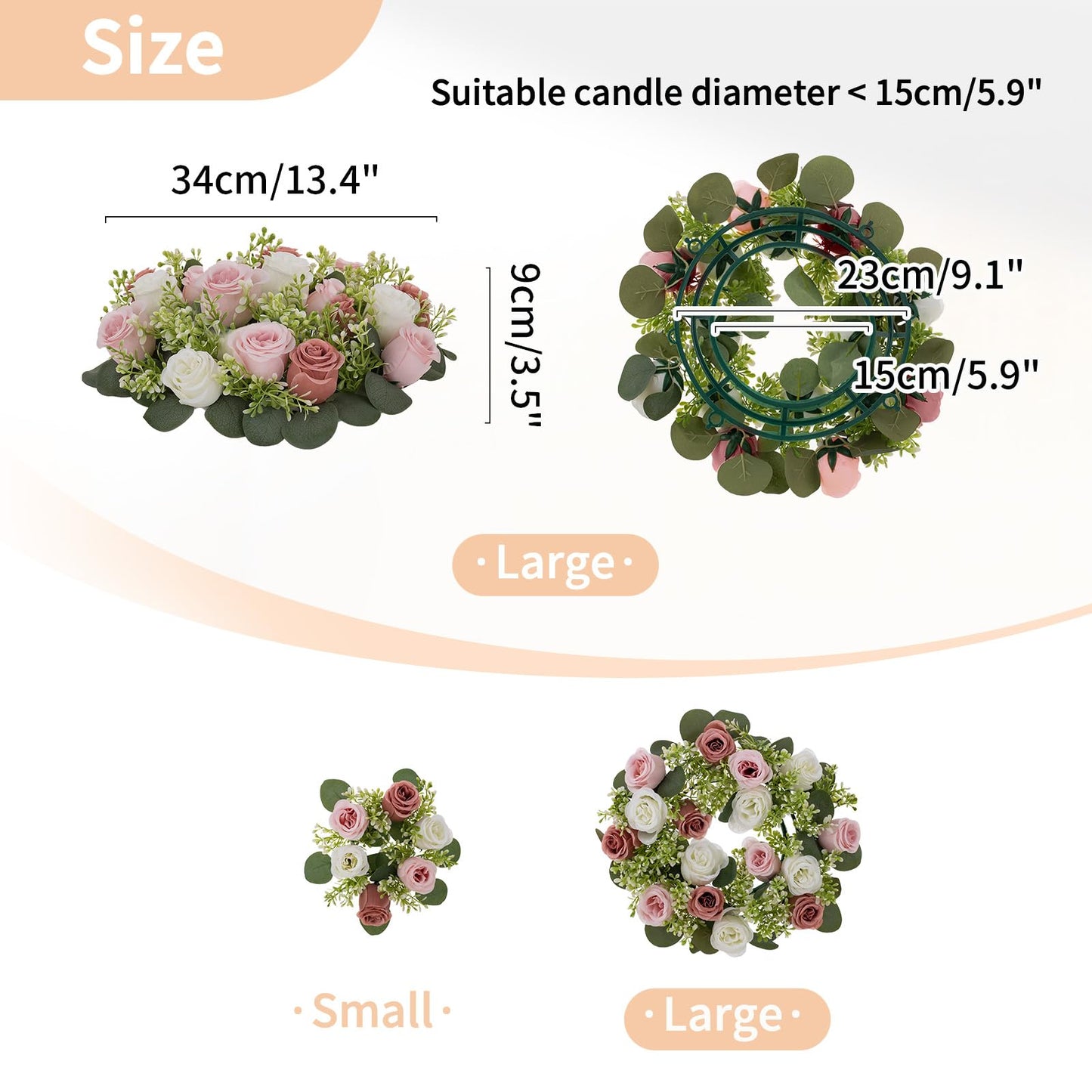 NUPTIO Flower Candle Rings for Centerpieces: 13.4 Inch Artificial Rose Wreath for Wedding Party Christmas - Dusty Rose & White Wreaths for Spring Summer Front Door Porch Table Decor 2 Pcs