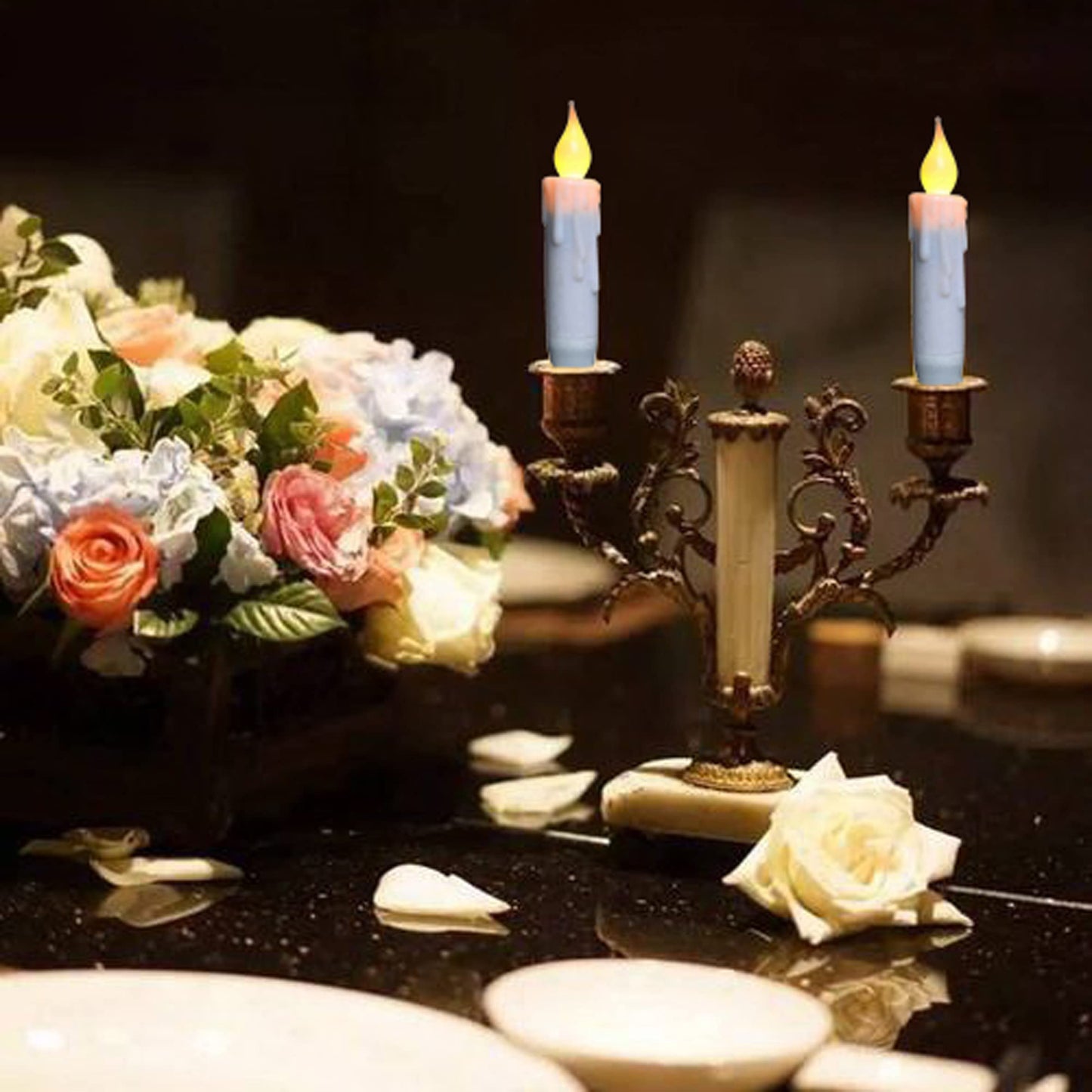 CVHOMEDECO. Flickering Taper Candles LED Drip Flameless Candles, Battery Operated with Timer, White, 4-3/4 Inch, Set of 4