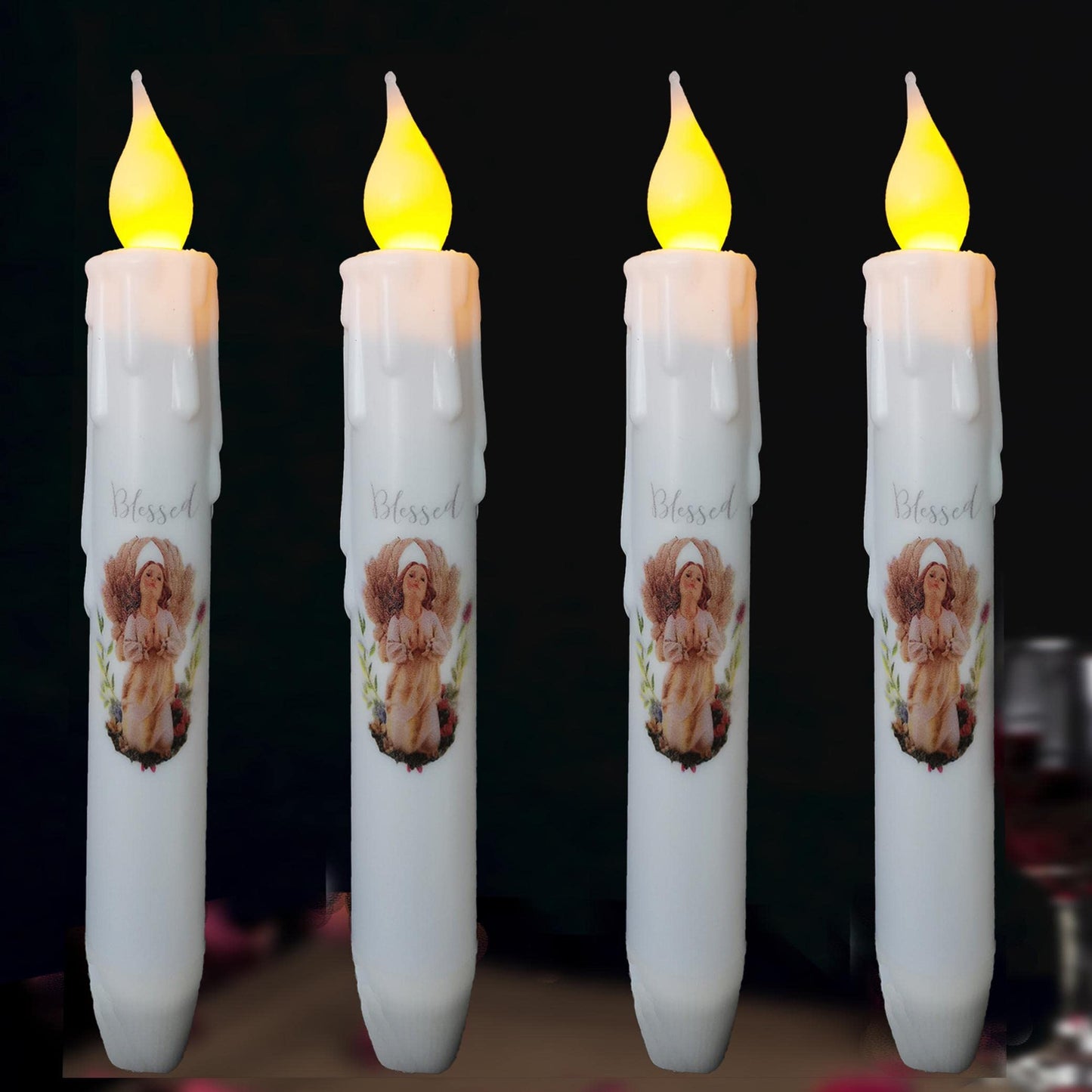 TAIANLE.Battery Operated Taper Candles with Timer, 6.75 Inch Set of 4 Primitive Flameless Taper Candles Flickeirng Flame,Angel Blessed Decor Halloween Wedding Christmas Window Decor