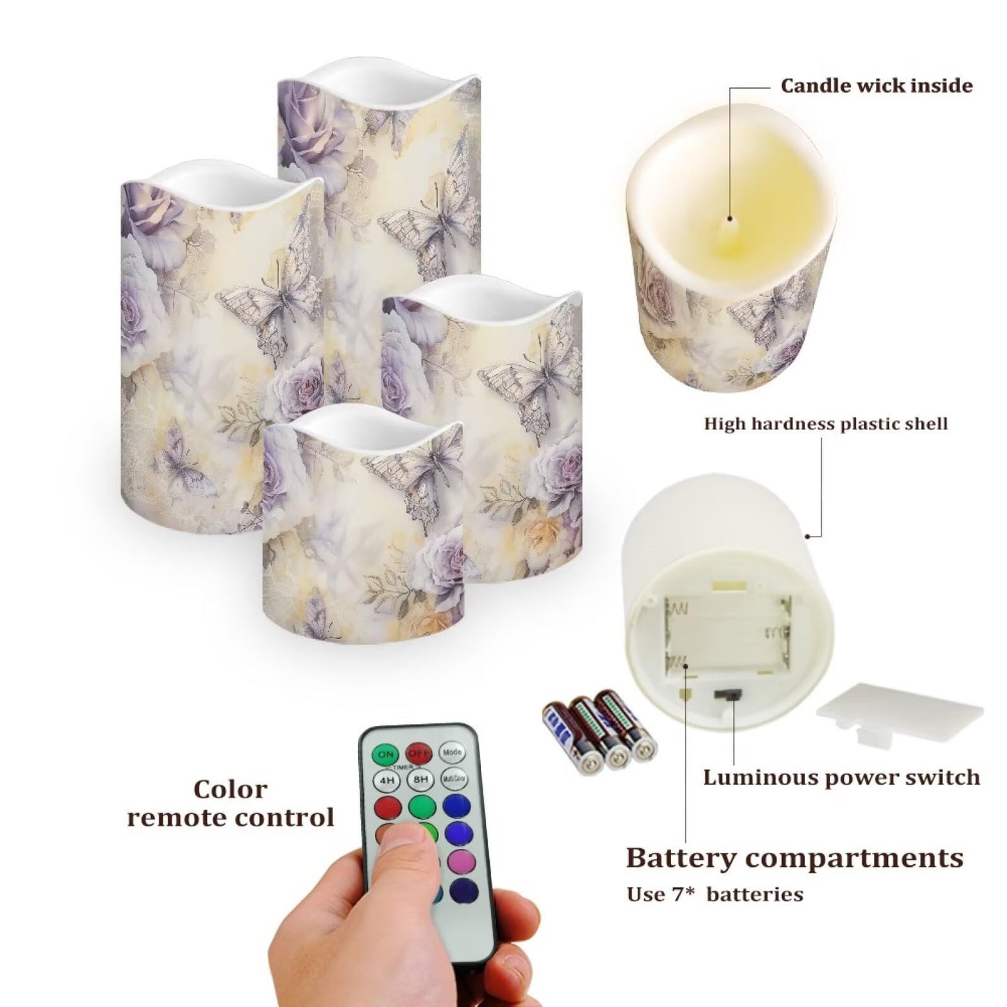 Cozeyat White Floral Flameless Candles 4 Pack Battery Operated LED Pillar Candles with Remote Control Timer Color Changing for Home Wedding Beach
