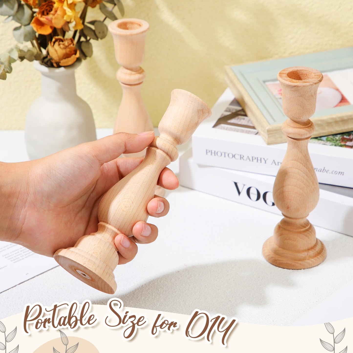 Nitial 12 Pcs Unfinished Classic Wood Candle Holders Small Wooden Candlesticks Unfinished Candlestick Holders for Crafts DIY Xmas Christmas Gift Decoration (6 Inch)