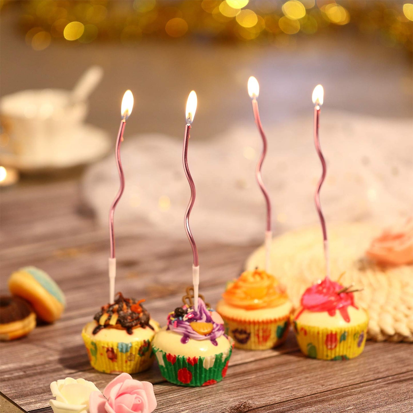 BBTO 12 Pcs Twisted Birthday Candles Spiral Metallic Cupcake Thin Long Cake Candles with Holders for Birthday Wedding Party(Rose Gold)