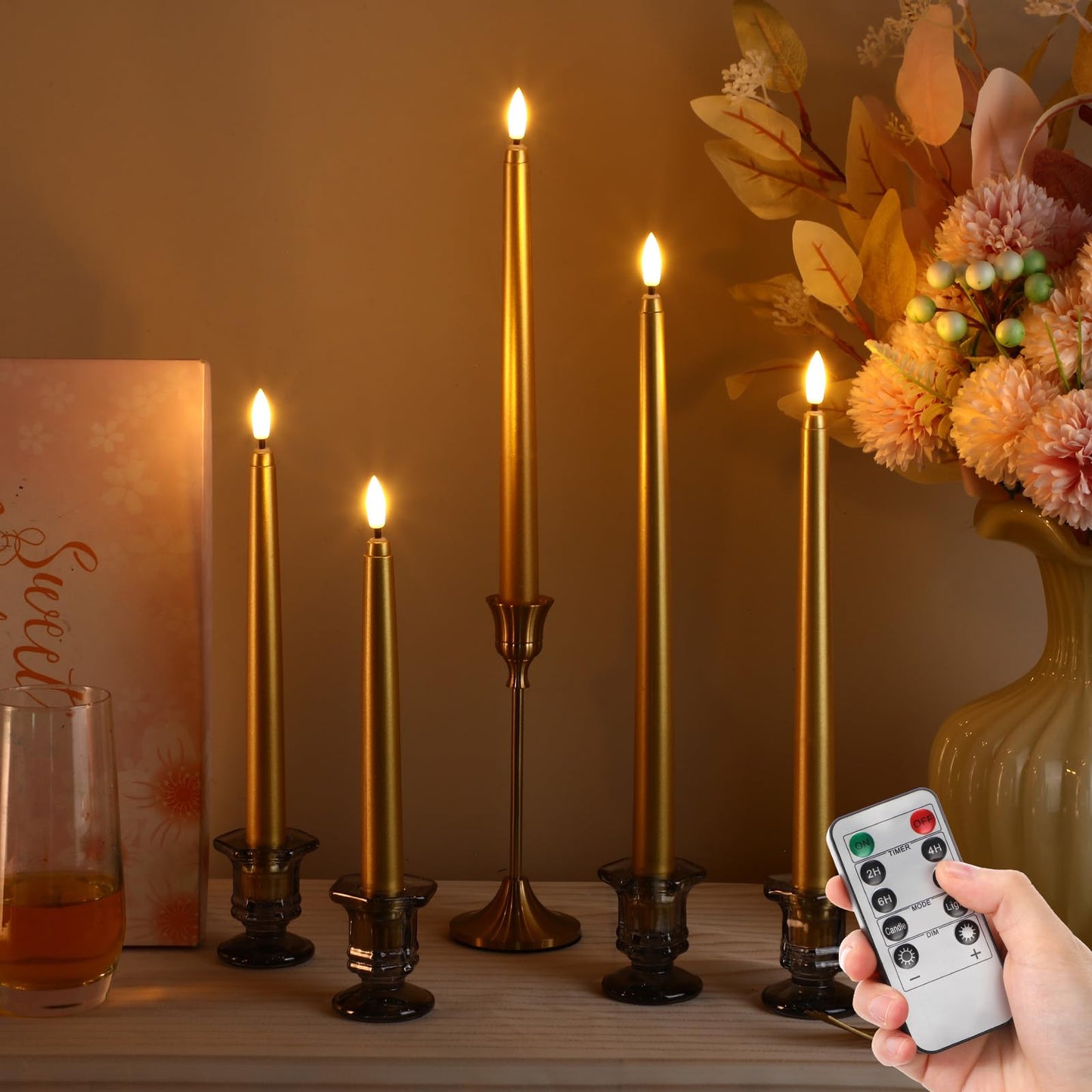 Rossesay 28 Pcs Flameless Taper Candles with Timer Remote 4 Sizes of 8.5", 9.6", 10.83", 12.8" LED Flickering Taper Candles Battery Operated for Valentine's Day Church Wedding Home Decor(Gold)