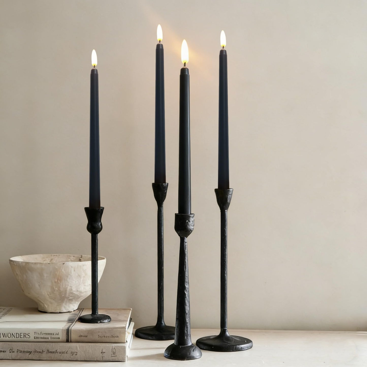 Ni-JASW Black Flameless Taper Candles with Remote, Flickering LED Candlesticks Battery Operated Set of 4
