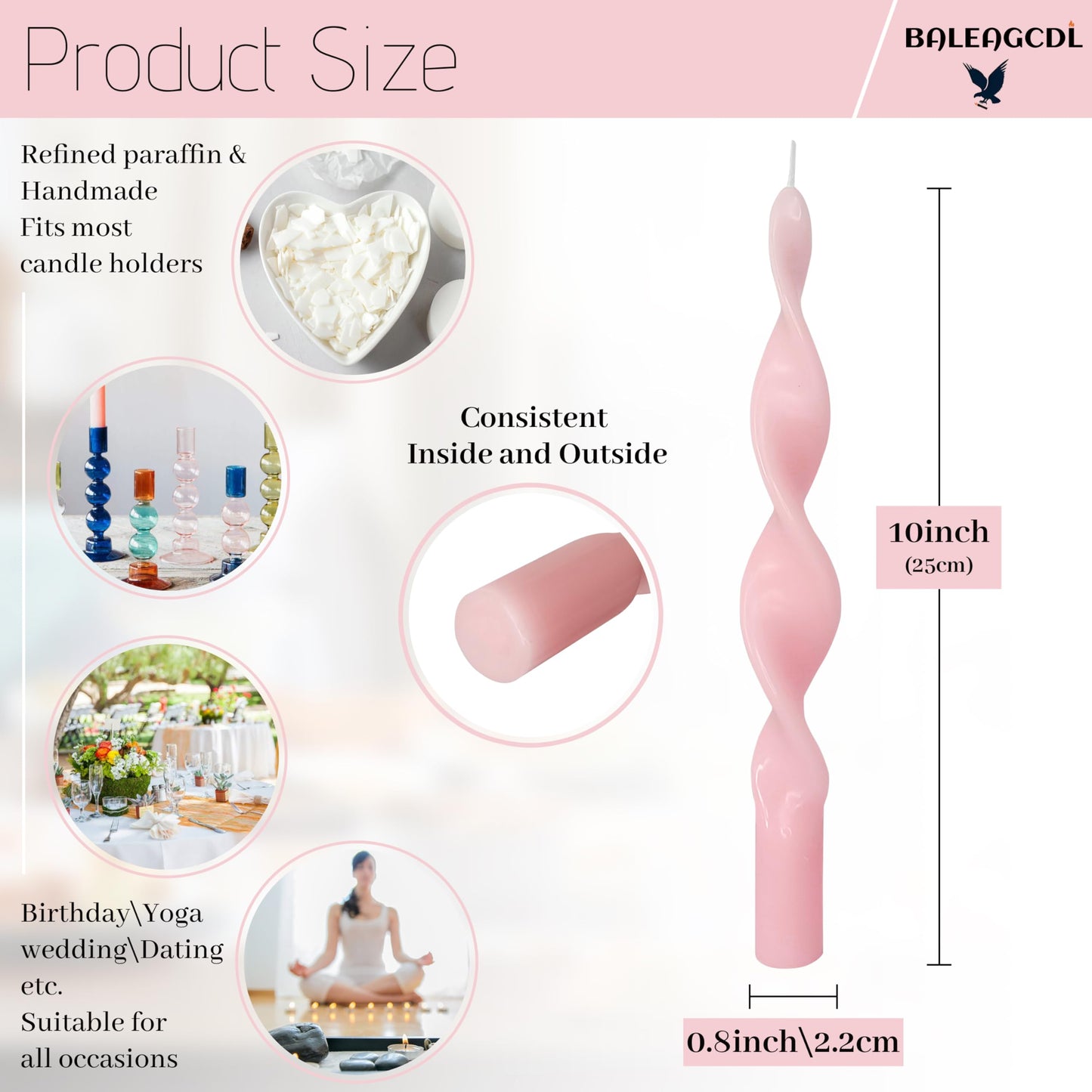 Smokeless Pink Spiral Taper Candle Handmade Unscented Taper Candlesticks 10 Inch Long Twisted Candles for Candlelight Dinner Decor Wedding Women Gifts 2 Pcs