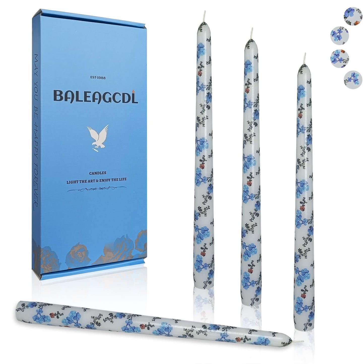 Floral Tapered Candle Forget-me-not Print Candles Handmade Unscented Candlesticks 10 Inch Smokelss Long Candle Sticks for Home Decor & Gifts Set of 4