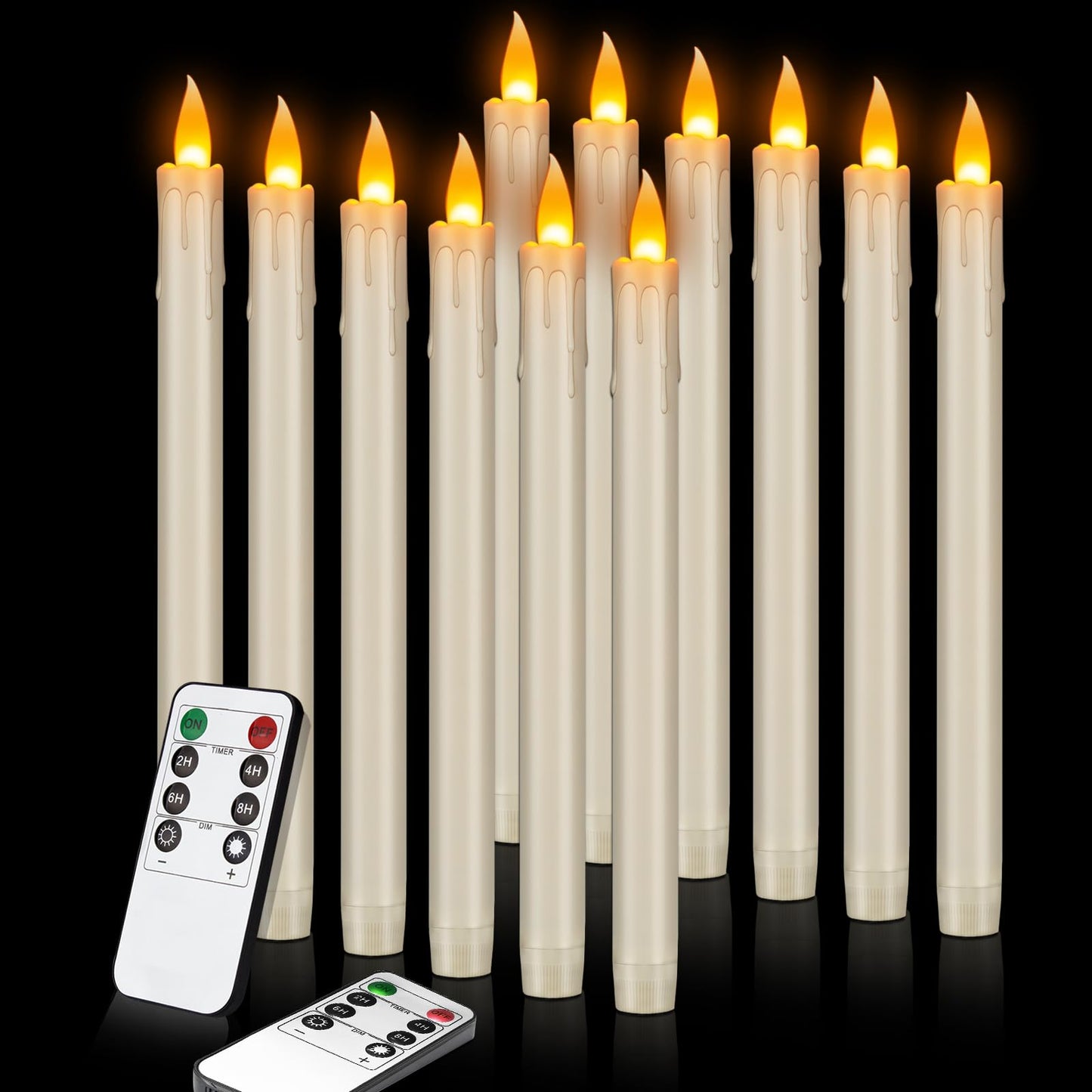 wemarry Flickering Flameless Taper Candles, 10" Fake Taper Candles Battery Operated with Timer, Long Lasting-Ivory Electric Led Candlesticks for Xmas Halloween Wedding Home Décor(Ivory Drip, 12 Pack)