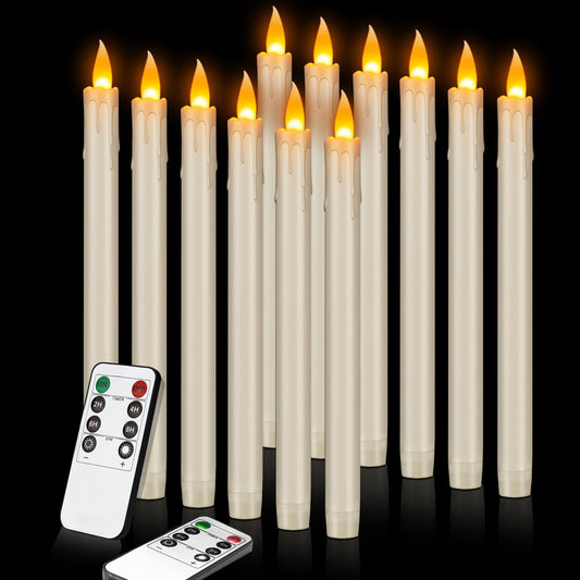 wemarry Flickering Flameless Taper Candles, 10" Fake Taper Candles Battery Operated with Timer, Long Lasting-Ivory Electric Led Candlesticks for Xmas Halloween Wedding Home Décor(Ivory Drip, 12 Pack)