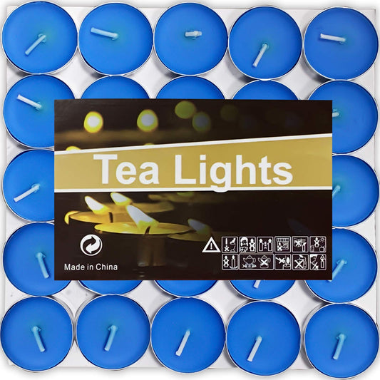 OUO Tea Lights - 50 Pack Smokeless, Dripless & Long Lasting Mini Tealight Candles for Mood, Dinners, Parties, Home Decoration, Wedding, Crafts (Blue)