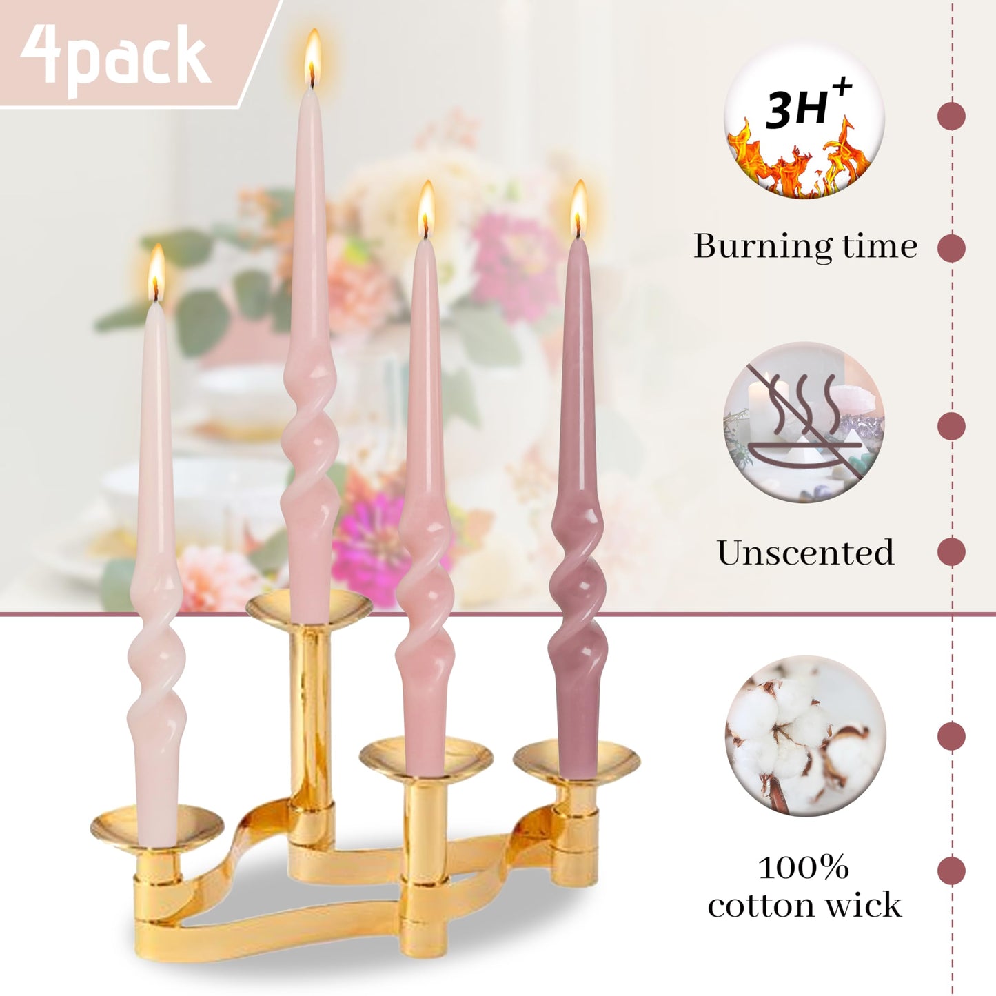 BALEAGCDL Gradient Pink Smokeless Candles Handmade Twisted Taper Candle 9.5 Inch Unscented Spiral Candlesticks for Dinner Holiday Wedding Home Decor 4 PCS