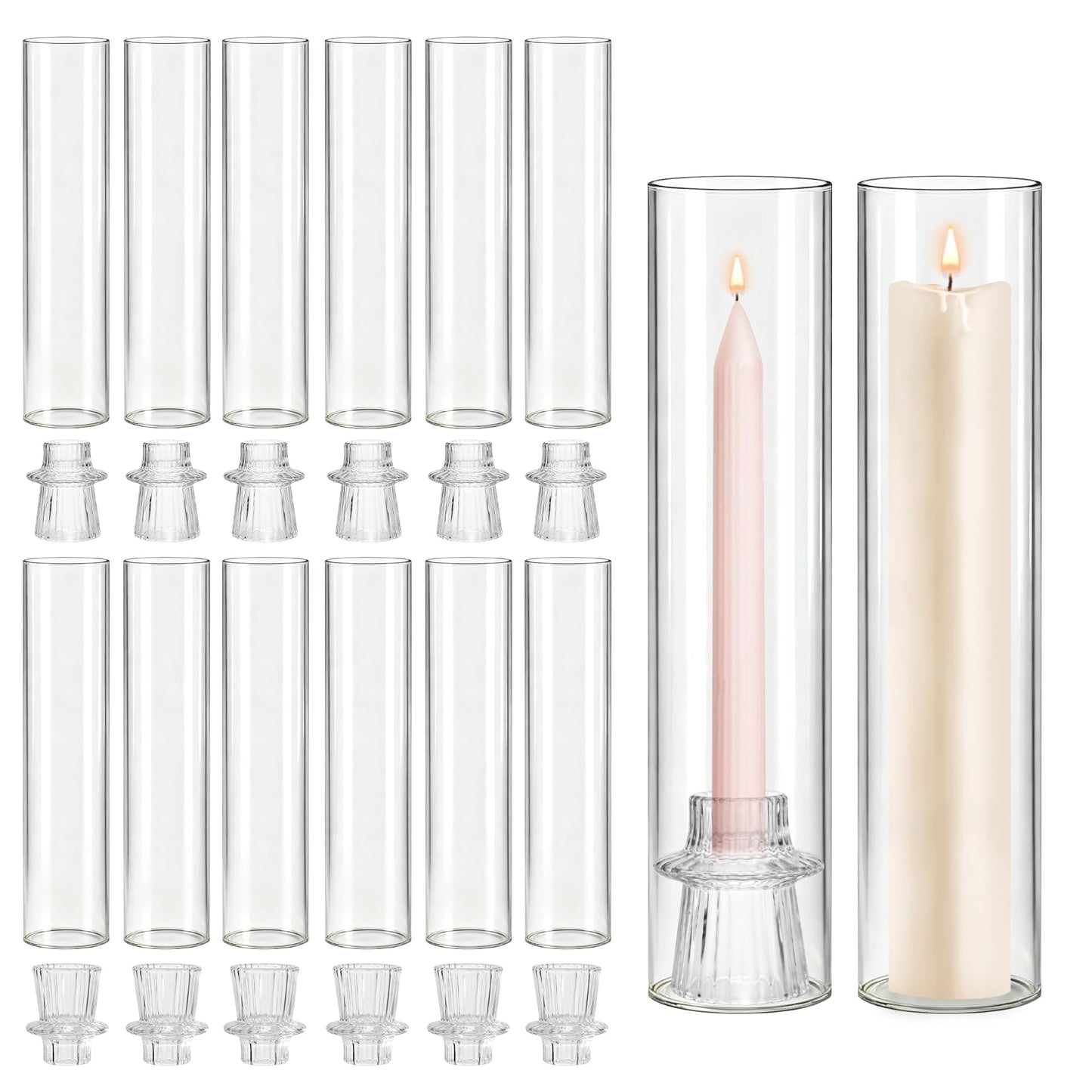 12 Set Glass Hurricane Candle Holders - 12" Tall Clear Glass Candlestick Holders for Taper Candles with Cylinder Chimney for Wedding, Party, and Home Table Centerpiece Decoration