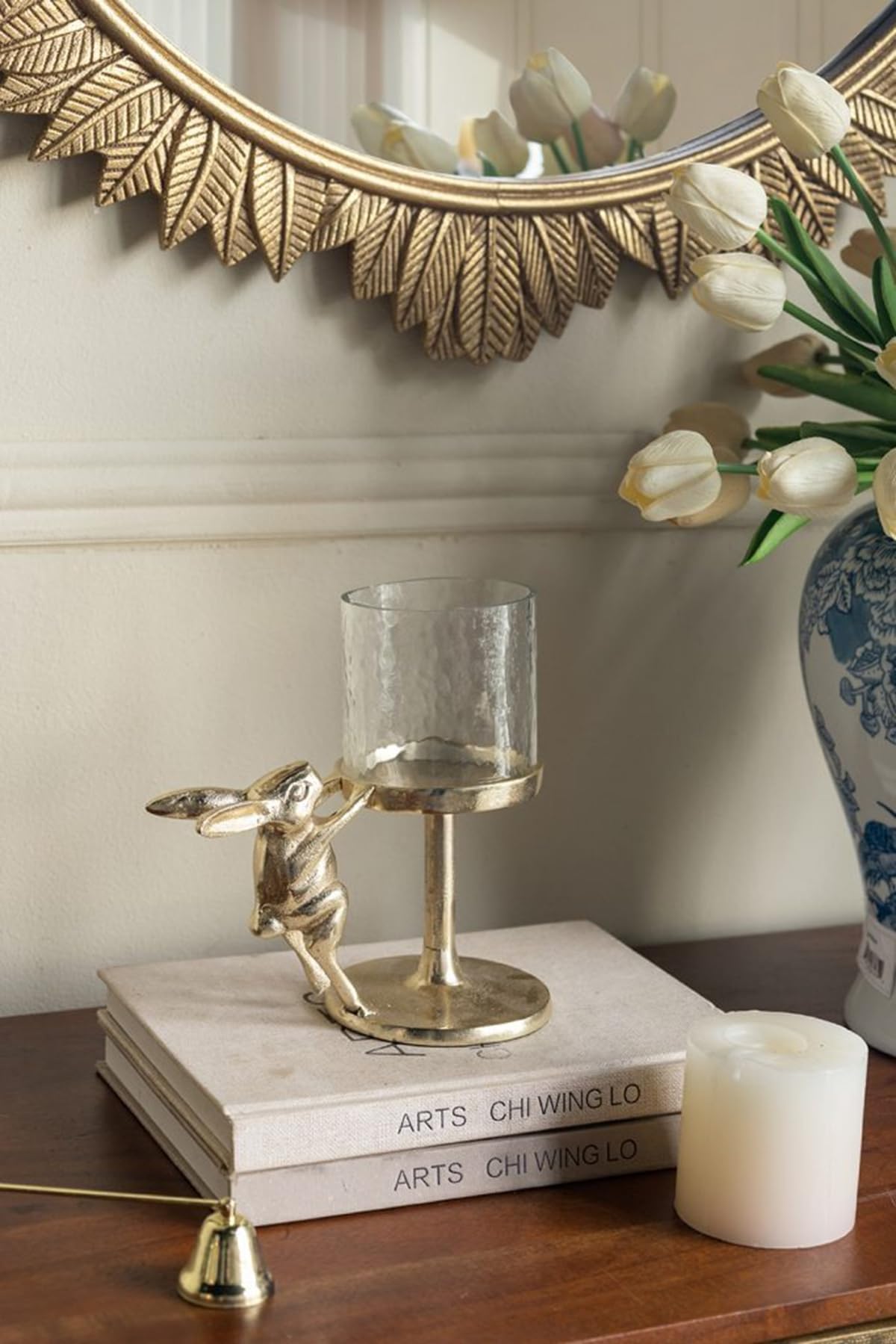 Gold Rabbit Pillar Candle Holder with Glass Hurricane Shade, Decorative Animal Tabletop Candleholder for 2.5” Pillar Candles, Elegant Spring Easter Home Décor & Centerpiece Gift