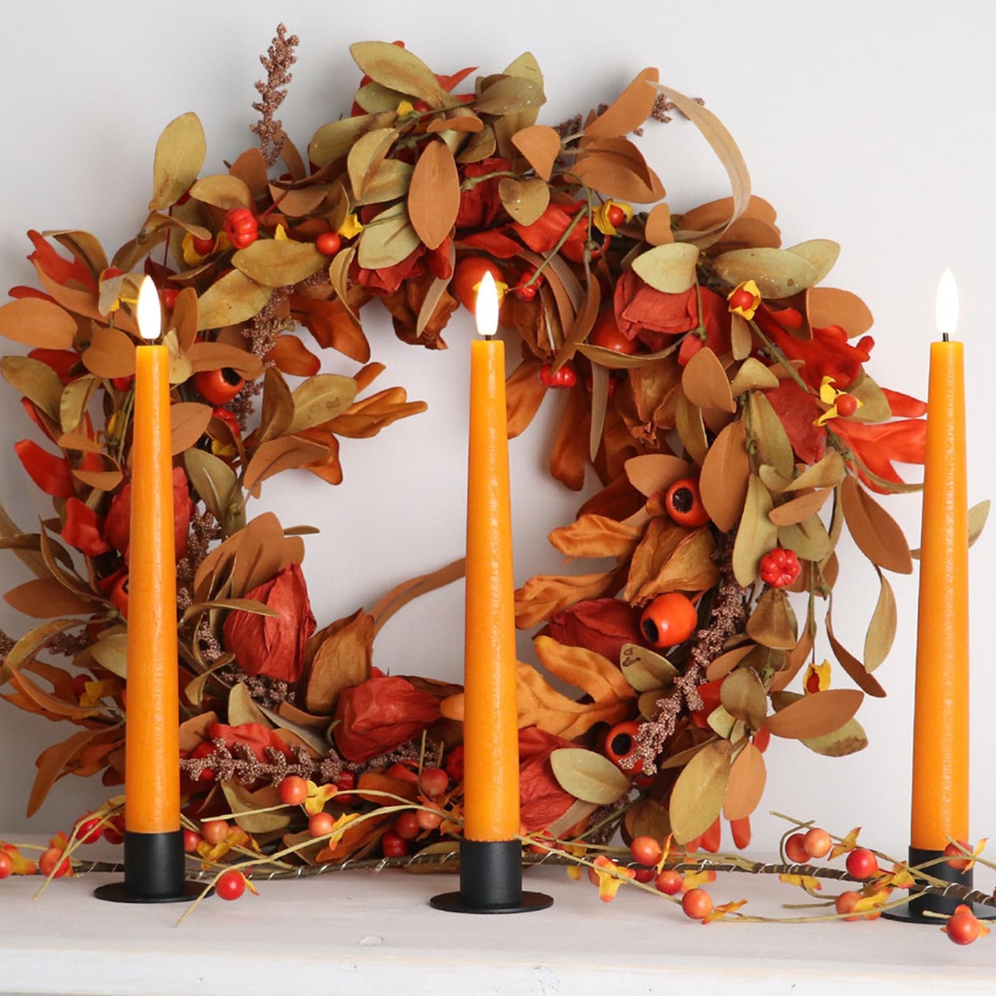 Fanna 9.6" Orange Real Wax Flameless Taper Candles with Timer, Battery Operated Led Candlesticks for Halloween, Harvest and Fall, Remote and Batteries Included - Set of 4