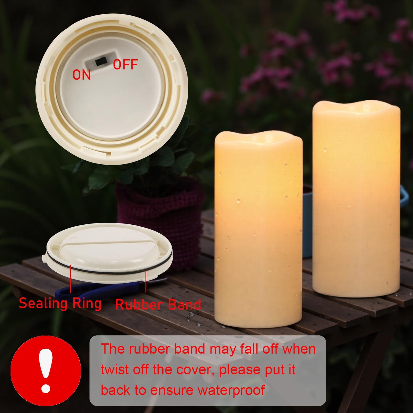Wondise Solar Powered Candles IP65 Outdoor Waterproof Rechargeable LED Candles Battery Operated Dusk to Dawn Plastic for Camping Patio Porch Lanterns(2 Pack, 4" D x 8" H)