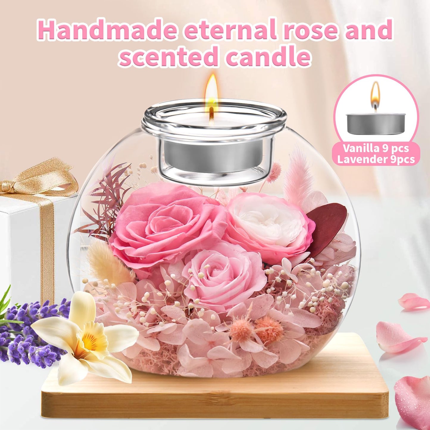 Preserved Flowers in Glass Dome with Candle Holder, Real Roses Eternal Flower Arrangement, Scented Candle Gift Set with 18 Candles for Women Mom Wife Birthday Mother's Day Valentine's Day (Pink)