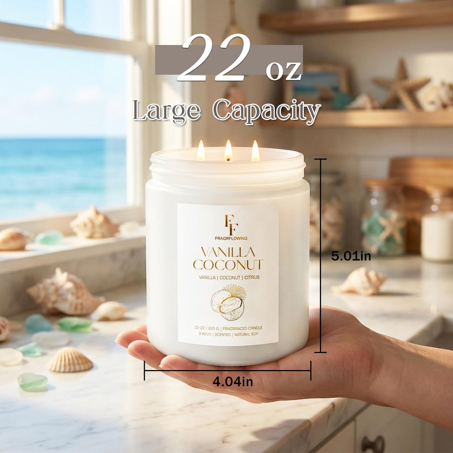 Vanilla Coconut Large Scented Candle, 3-Wick 22oz Long Lasting Scented Candle, Natural Soy Wax Aromatherapy Candle for Home, Candle Gifts for Women Men