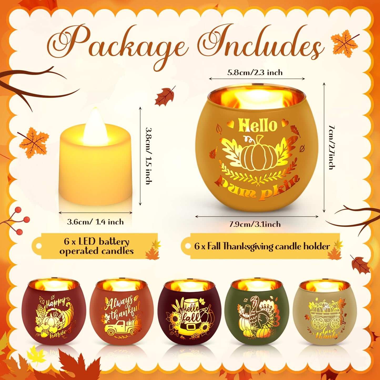 VIHOSE 6 Set Thanksgiving Votive Candle Holders with 6 LED Battery Operated Candles Fall Glass Tealight Holders Fall Table Decorations for Home Table Centerpiece Decor Gifts