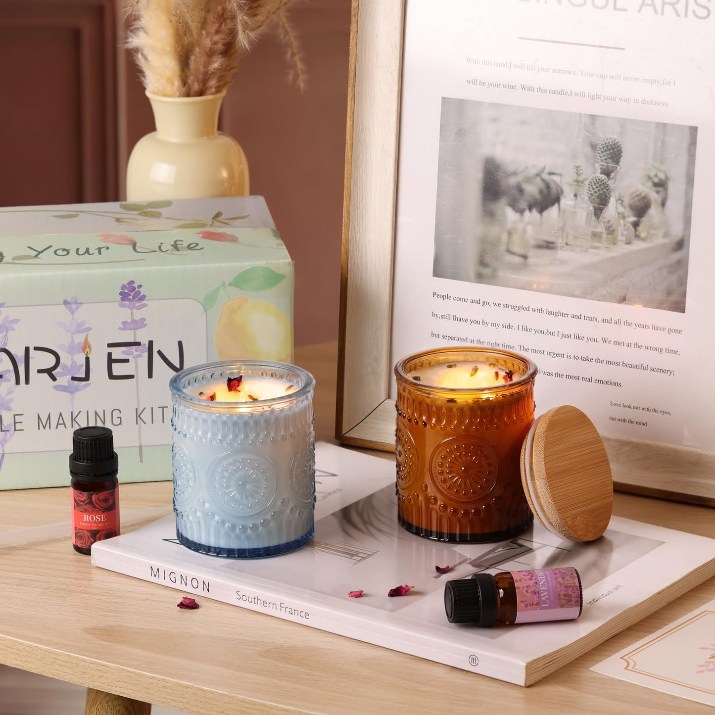 DARJEN Candle Making Kits for Adults- Soy Candle Making Supplies with 2 Candle Jars(Blue, Amber), Wax, Scents, Card & More, DIY Starter Candle Making Kit, Full Set DIY Arts & Crafts Gift