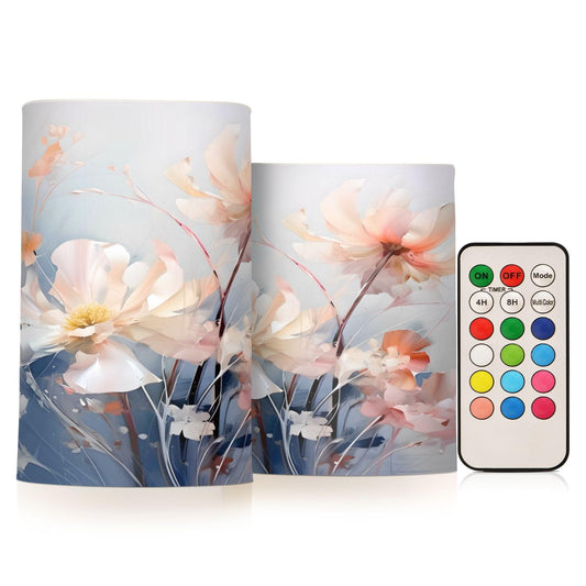 ALAZA Watercolor Pink Flowers (2) Flickering Flameless Candles Battery Operated with Remote Timer,Tea Light Candles LED Pillar Votive Candles Set of 2 for Outdoor Indoor Decorations