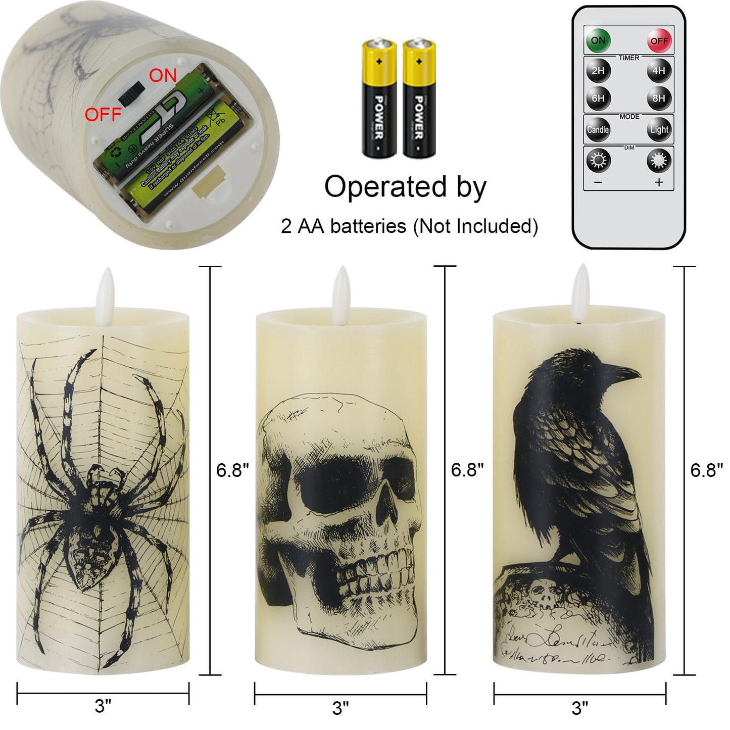Lasumora Halloween Decorations Flameless Candles with Remote Timer - Skull, Spider Web, Crow Raven Decals Set of 3, Battery Operated Halloween Decor Indoor LED Candle Horror Gothic Punk Real Wax