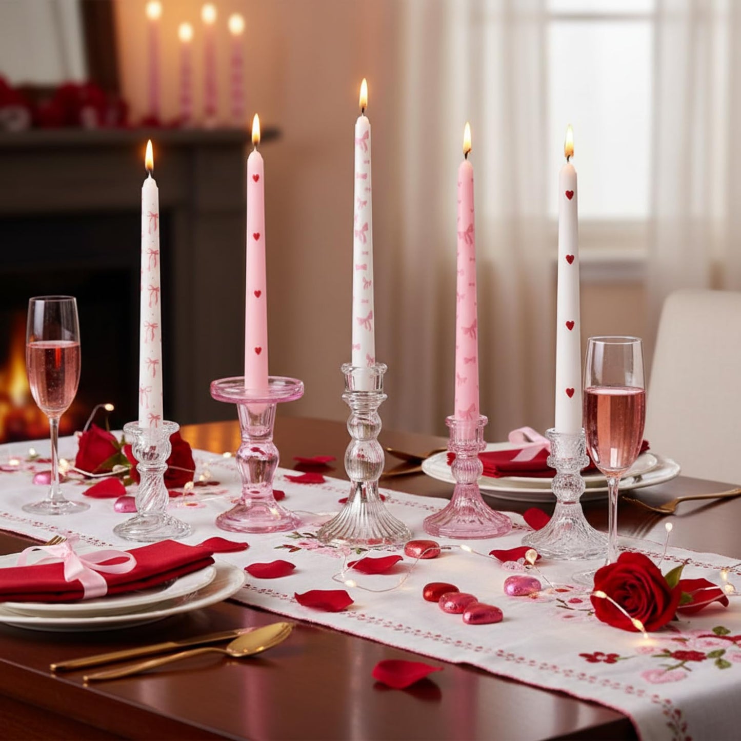 Bokon 10 Pcs Valentines Day Taper Candles with Candlestick Holders Pink Bow Heart Coquette Taper Candles Galentines Party Decor for Valentine's Day Girlfriends' Weddings Anniversaries Birthday