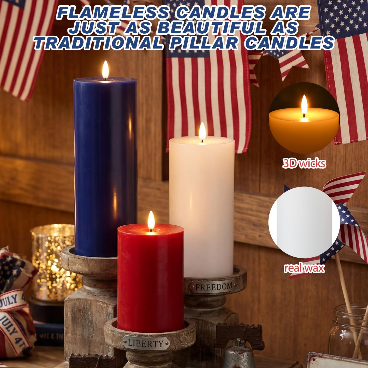 Retisee 3 Pcs 250th Anniversary Large Flameless LED Candles with Remot & Timer, 4th of July Red White Blue Battery Operated Wax Pillar Candles for USA American Patriotic Party Decorations
