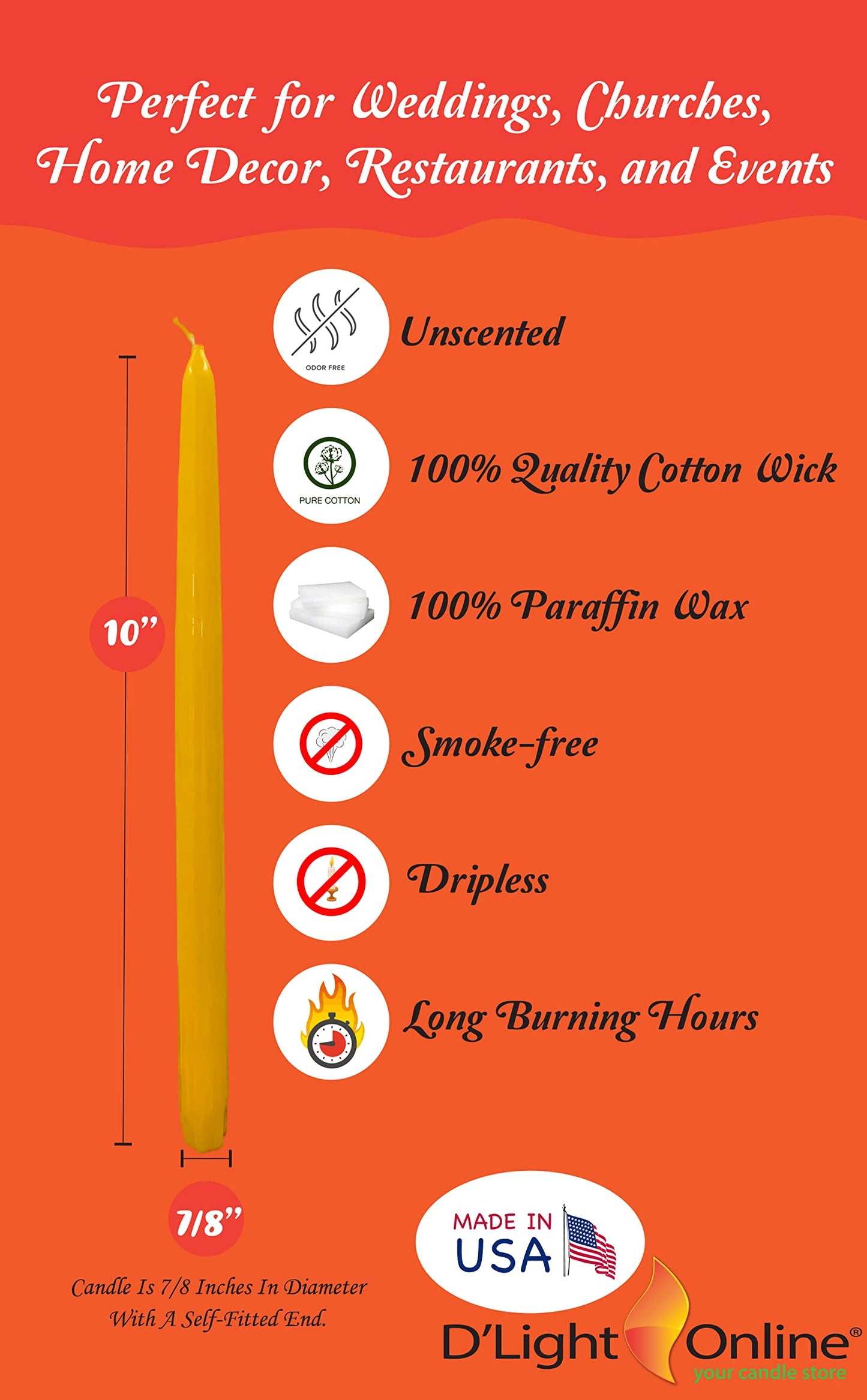 D'light Online Elegant 10" Unscented Daffodil Yellow Taper Candles, Premium Quality Hand-Dipped Tapered Candles, Dripless and Smokeless - Set of 12 Individually Wrapped (10 Inch, Daffodil)