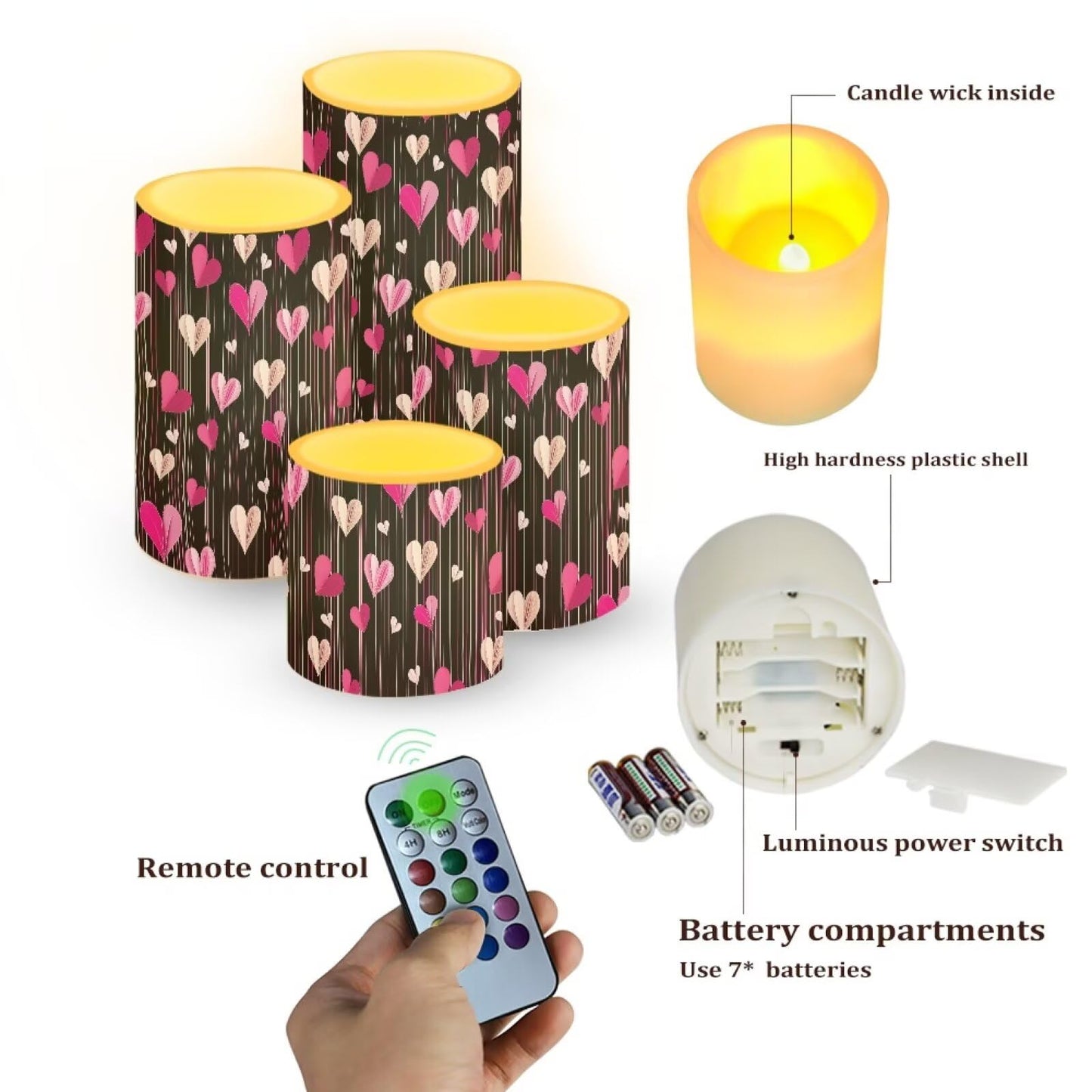 NETILGEN Valentine's Day Decorative Flameless Flickering Candles with Remote Timer Control Battery Operated LED Pillar Candles Set of 4, Sweet Love Hearts