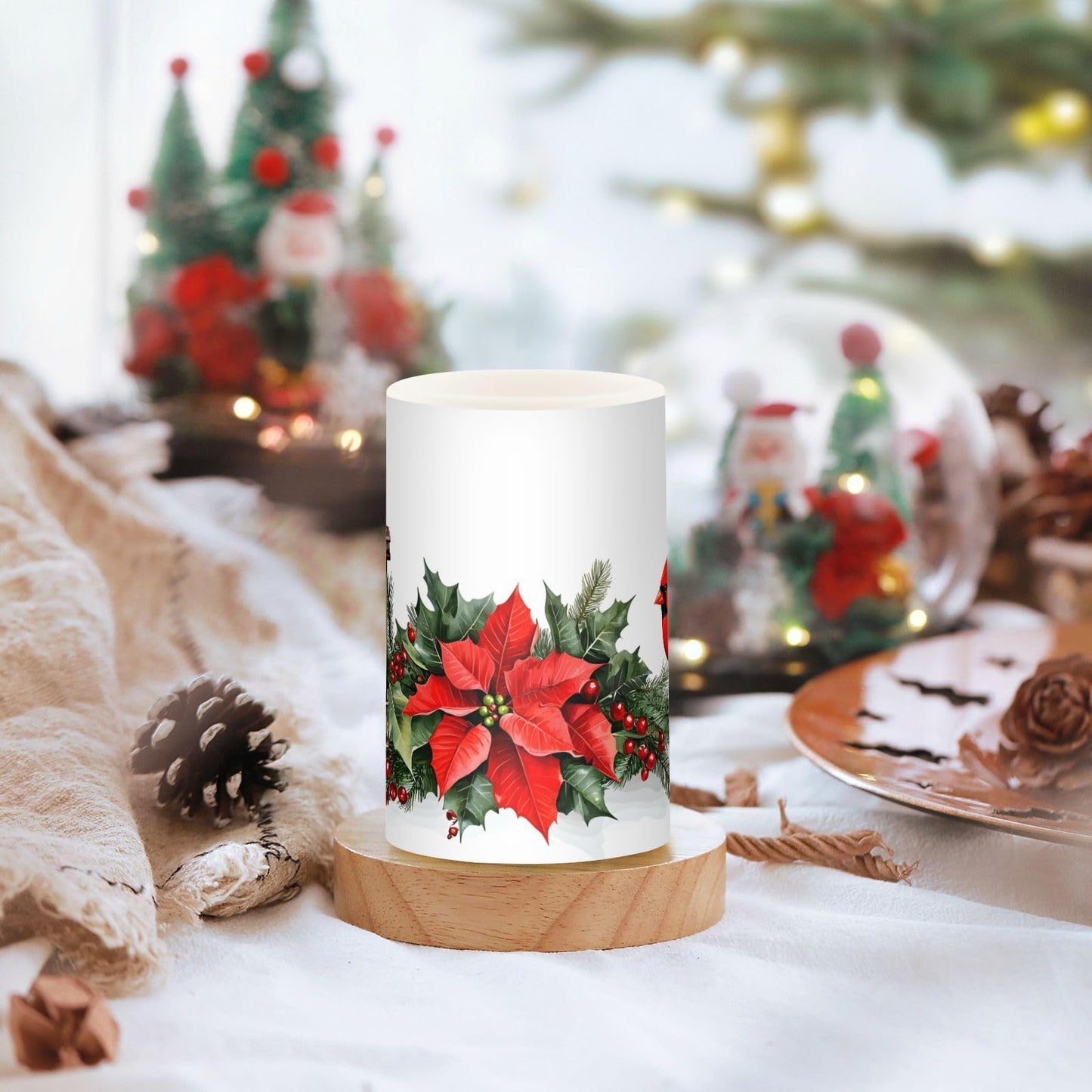 ALAZA Christmas Lantern Red Bird Poinsettia Flowers Flickering Flameless Candles Battery Operated with Remote Timer,Tea Light Candles LED Pillar Votive Candles Set of 2 for Outdoor Indoor Decorations