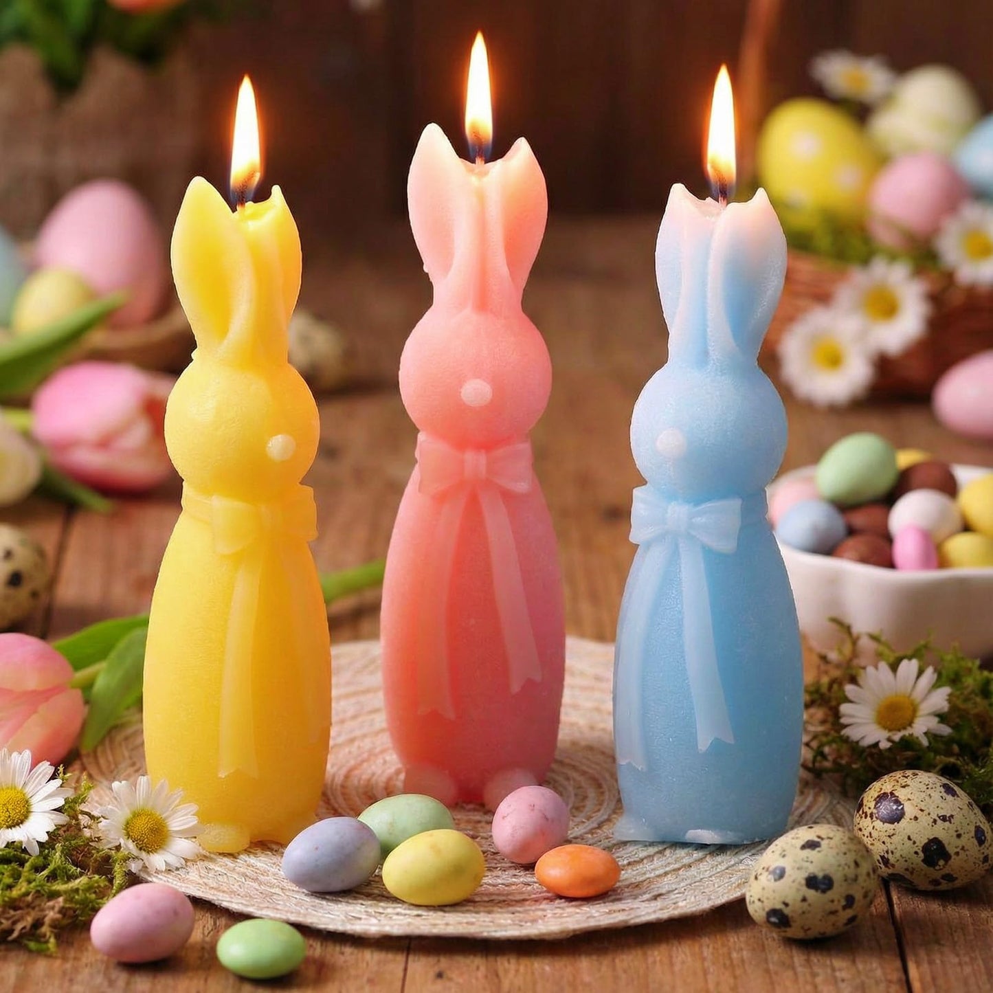 Lounsweer 3 Pcs Easter Bunny Candle Scented 5.7 Inch Pastel Mini Rabbit Shaped Votive Easter Flower & Fruit Scented Pillar Candle for Home Table Shelf Living Bedroom Party Gifts, Macaron Color