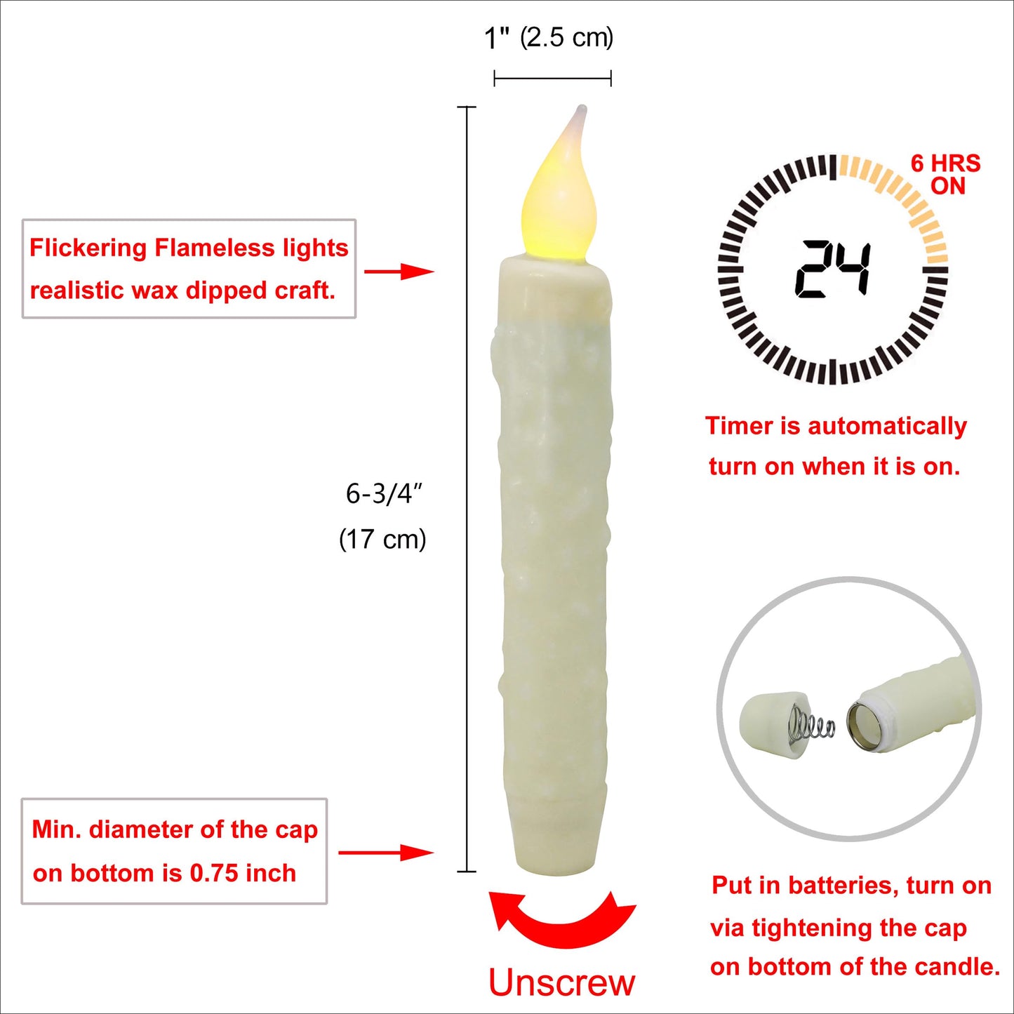 CVHOMEDECO. Real Wax Hand Dipped Battery Operated LED Timer Taper Candles Country Primitive Flameless Lights Décor, 6-3/4 Inch, Ivory, 2 PCS in a Package