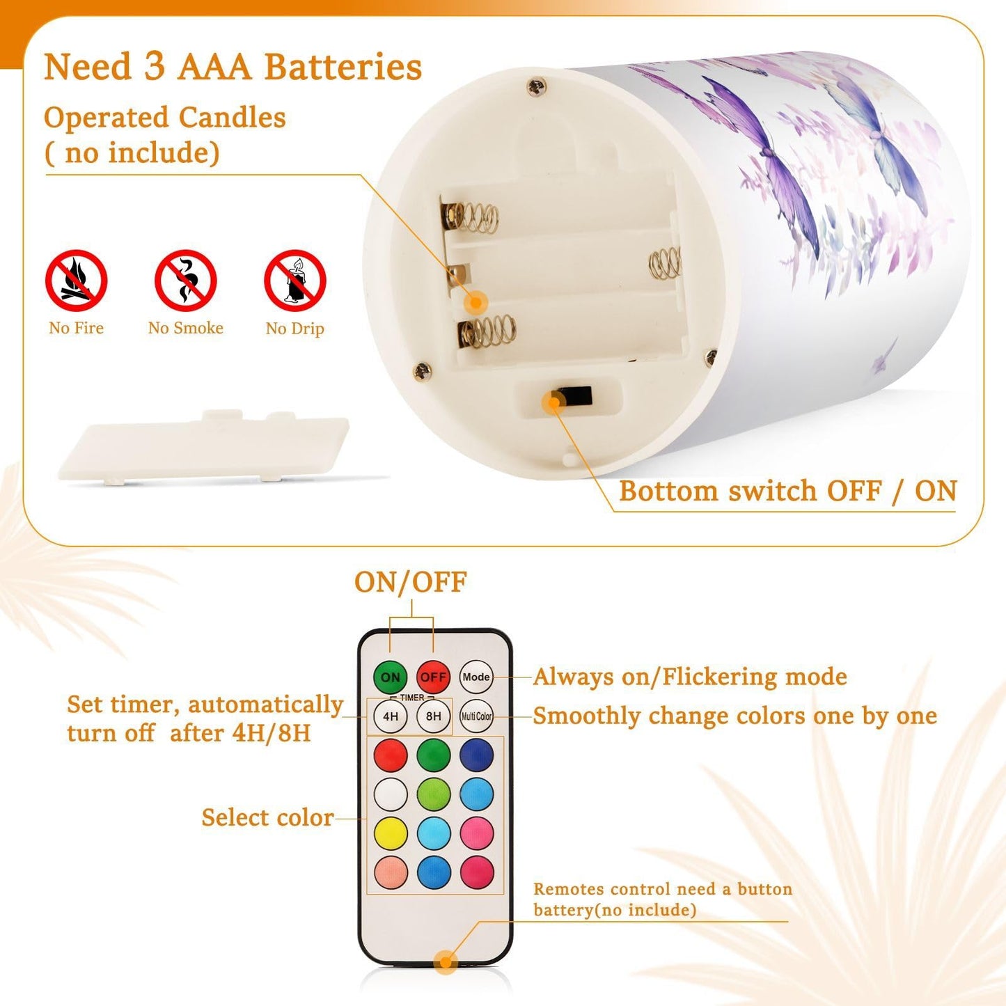 BOENLE Flickering Flameless Candles, Butterflies Purple LED Candles with Remote Timer, Set of 2 Battery Operated Candle for Valentine Wedding Birthday