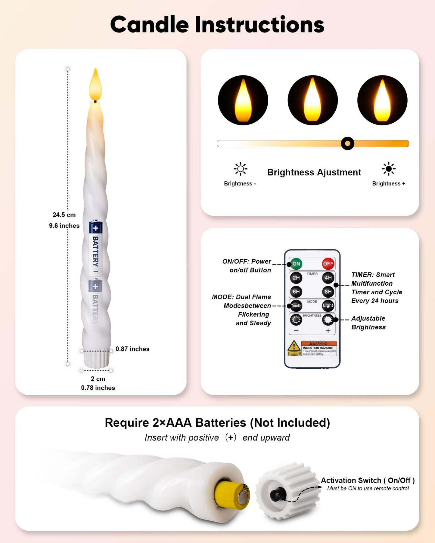 Meigic Flickering Flameless Taper Candles with Timer, Real Wax White Twisted Taper Candles Battery Operated, 9.6 Inch Led Candlesticks with Remote Control for Christmas, Wedding, Home Decor