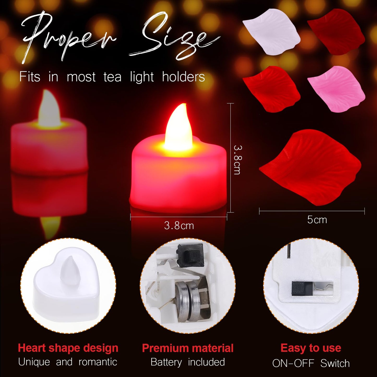 Coume 6000 Pieces Artificial Rose Petal 72 Pieces LED Tealights Candle, Romantic Decorations Special Night Rose Petal Heart Candle for Valentines Wedding Anniversary Proposal Decor(Cute Red Light)